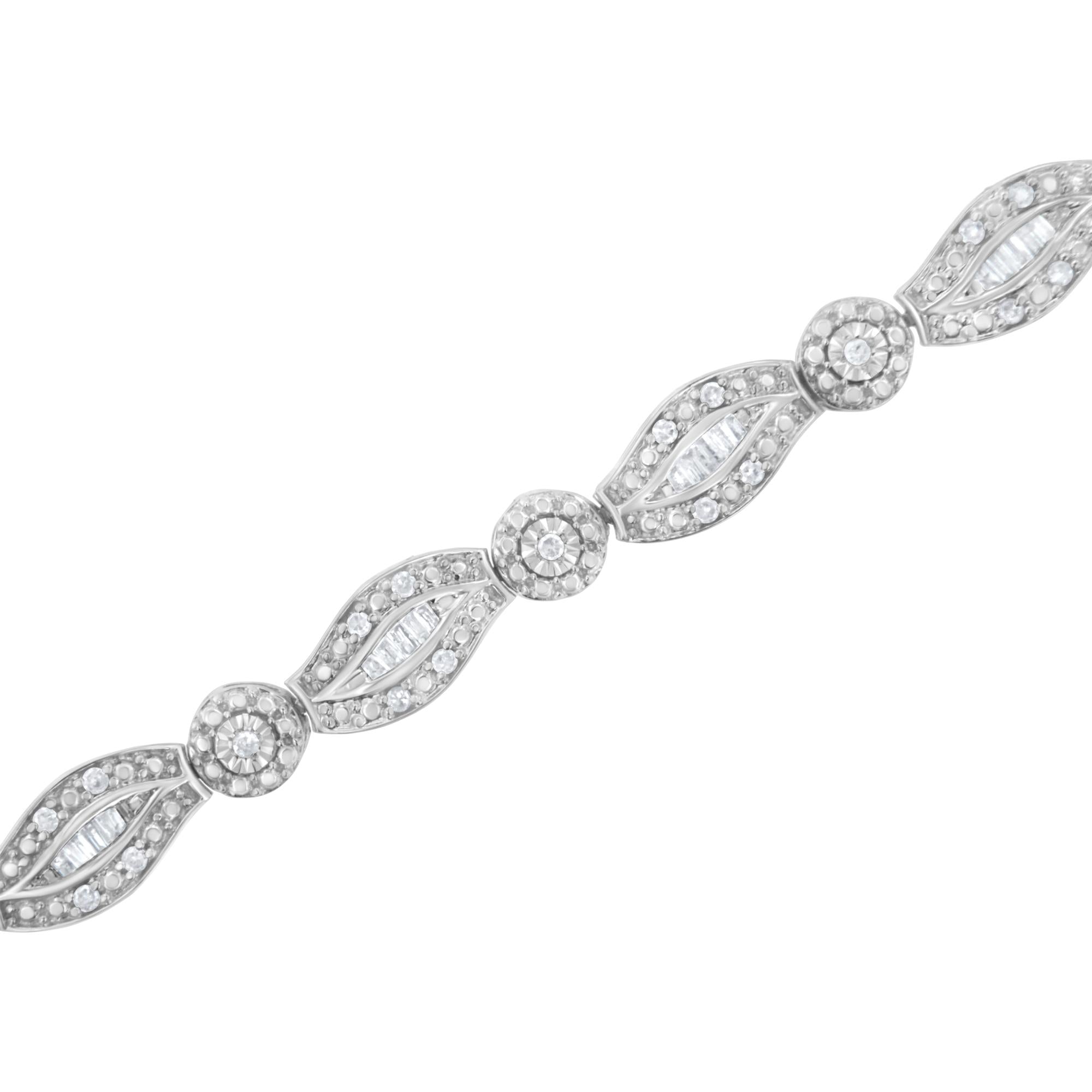 .925 Sterling Silver 1 cttw Diamond Double Leaf and Bezel Link Bracelet (I-J Clarity, I2-I3 Color) - Size 7.25" - Friggin Jewelry