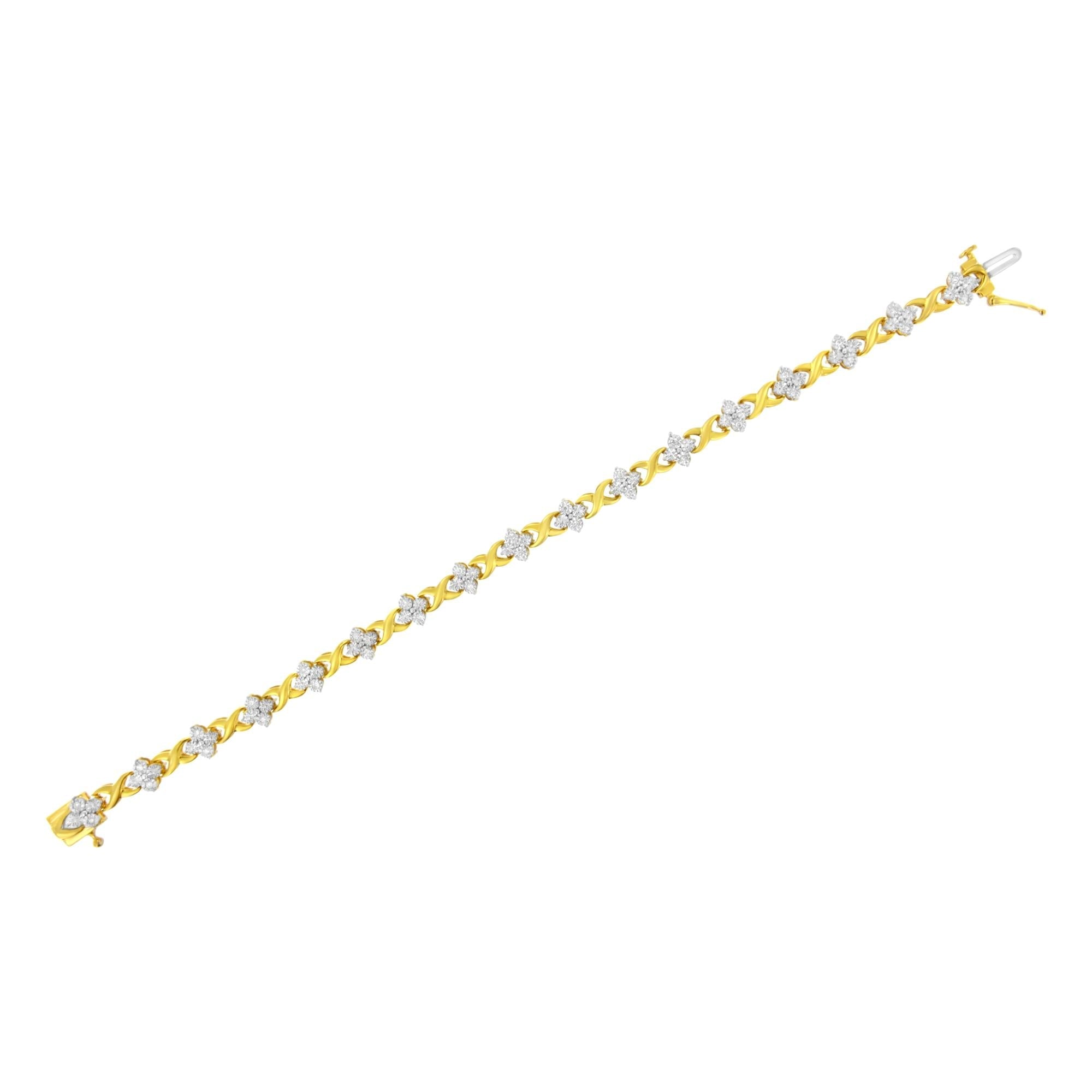 Pulsera de tenis con eslabones de trébol de cuatro hojas y diamantes de 1/4 ct en plata de ley chapada en oro amarillo de 10 quilates (color IJ, claridad I2-I3) - Talla 7,25" - Friggin Jewelry