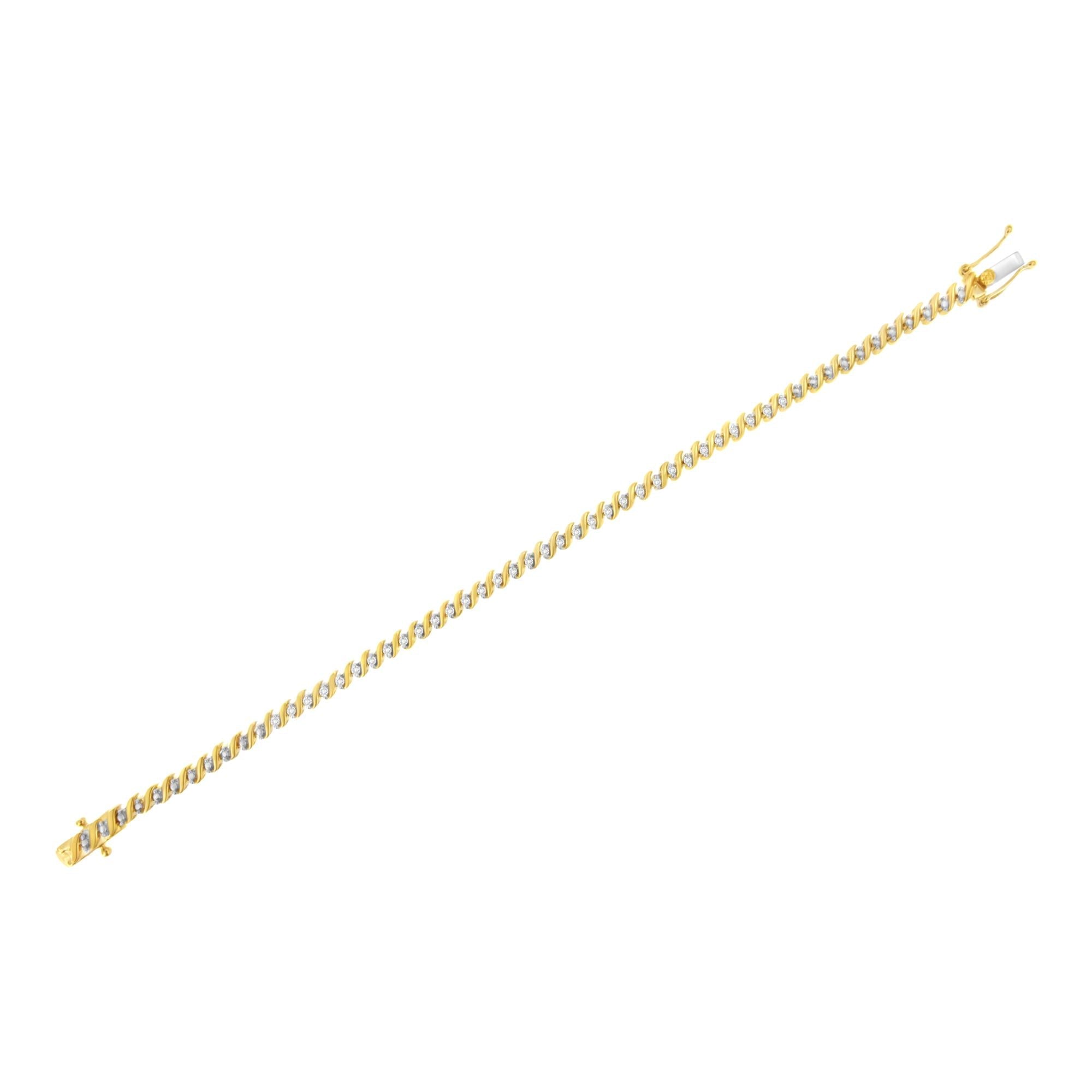 Bracciale tennis a maglie a S con diamanti incastonati a 2 griffe da 1/2 ct in argento sterling 925 placcato oro giallo 10K (colore IJ, purezza I3) - 7,25" - Friggin Jewelry