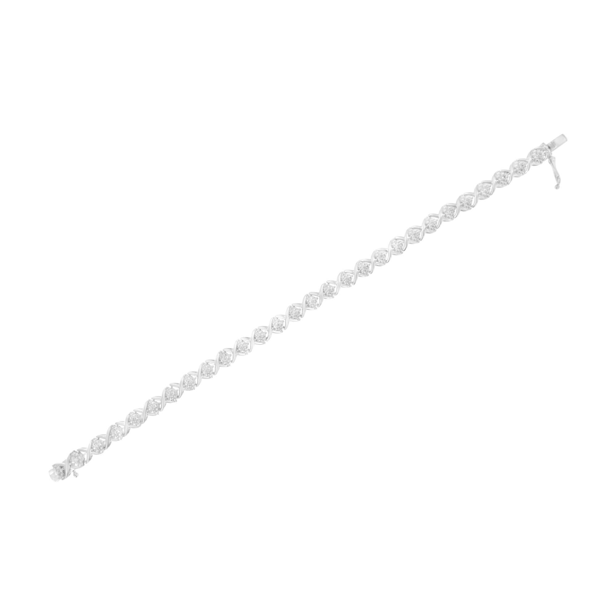 Pulsera de plata de ley 925 con diamantes de talla redonda, racimo floral y eslabones en forma de X (color IJ, claridad I3) - 18,3 cm - Friggin Jewelry
