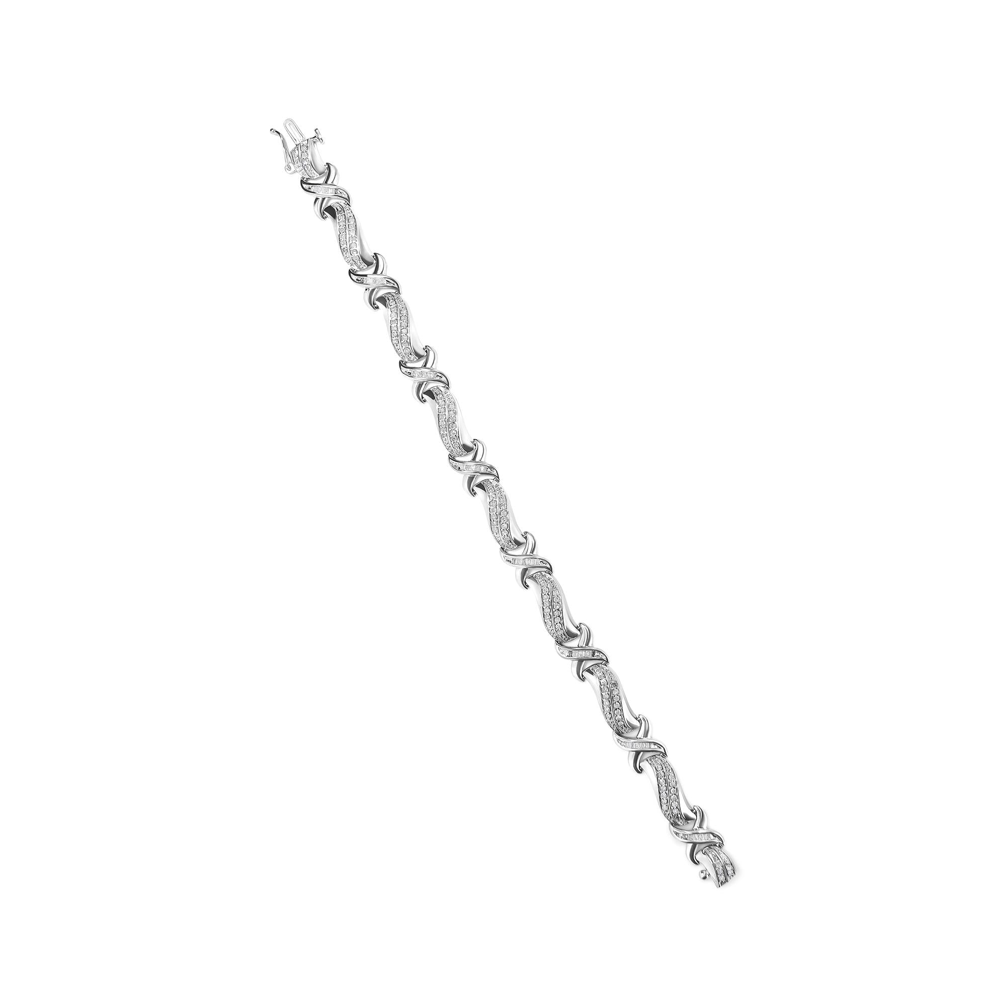 .925 Sterling Silver 1 3/4 Cttw Diamond Wave and X Link Tennis Bracelet (I-J Color, I3 Clarity) - 7" - Friggin Jewelry