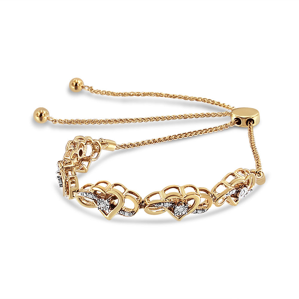 Pulsera bolo ajustable de 10 a 25 cm con forma de corazón de diamantes de 1/10 quilates y baño de oro amarillo de 14 quilates (plata de ley 925) (color HI, claridad I2-I3) - Friggin Jewelry