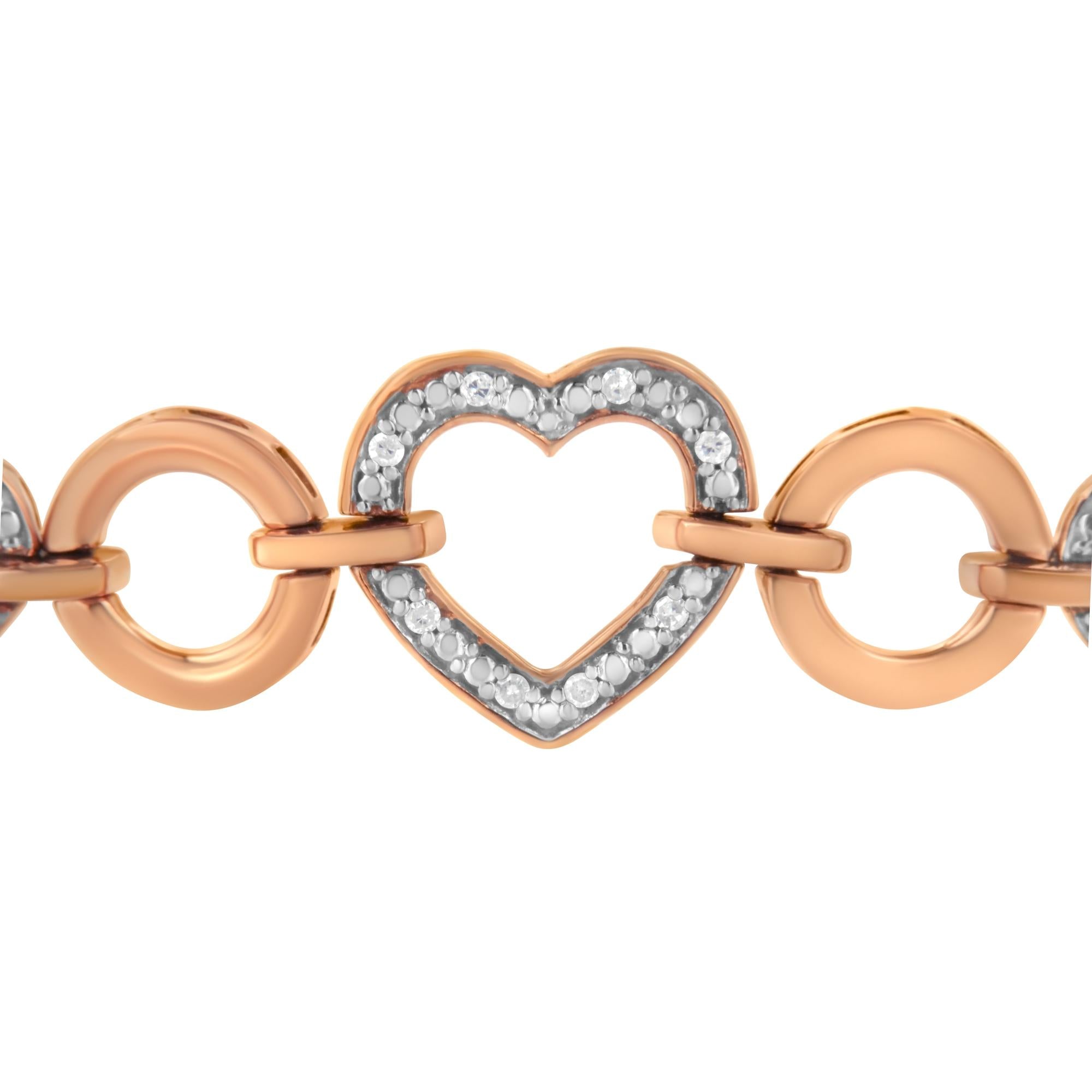 10K Rose Gold over .925 Sterling Silver 1/10 Cttw Round-Cut Diamond Heart Link Adjustable Bolo Bracelet (H-I Color, I2-I3 Clarity) - 6"-9" Adjustable - Friggin Jewelry