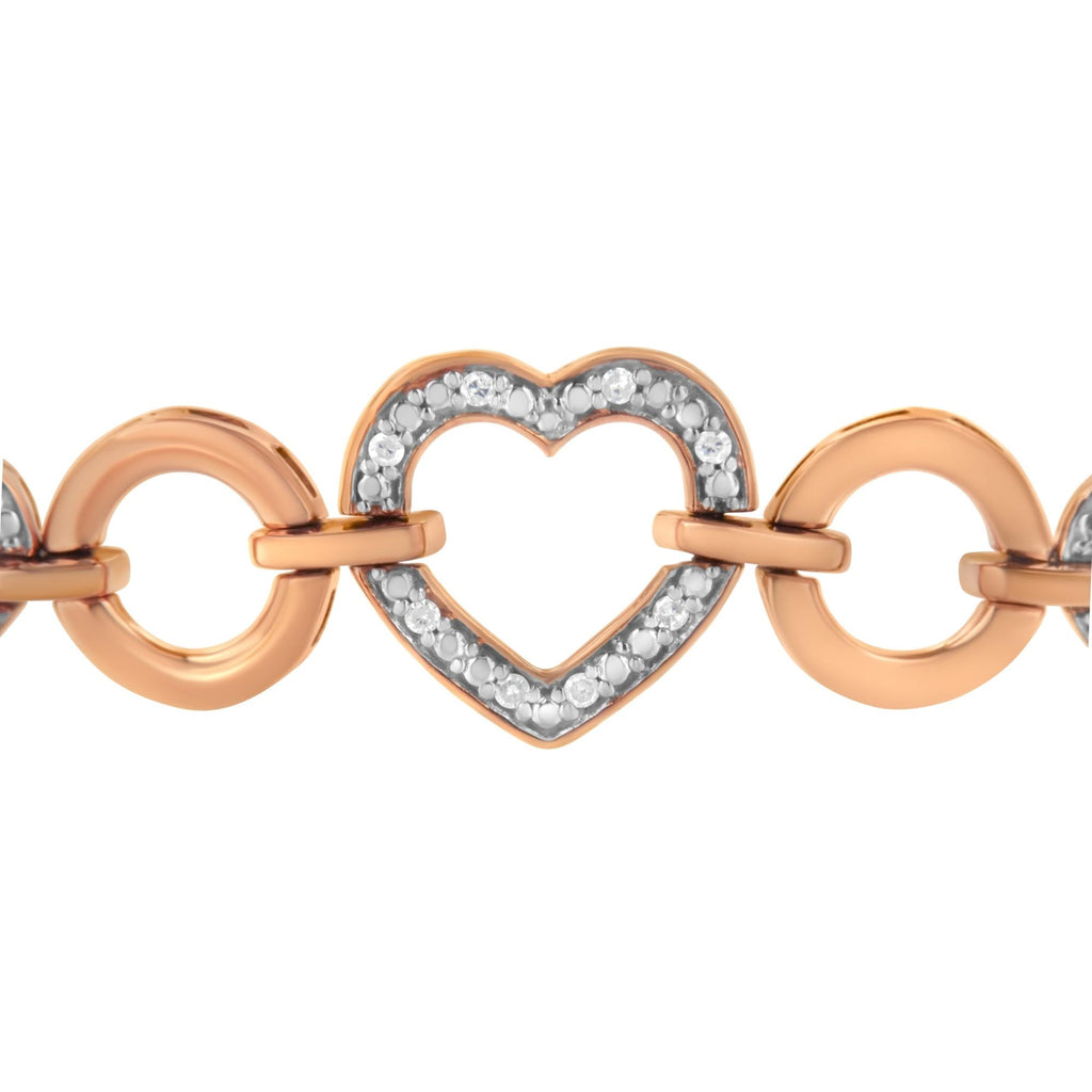 Pulsera bolo ajustable de 15 a 25 cm con eslabones circulares y de corazón con detalles de diamantes en plata de ley 925 chapada en oro rosa de 14 quilates (color IJ, claridad I3) - Friggin Jewelry