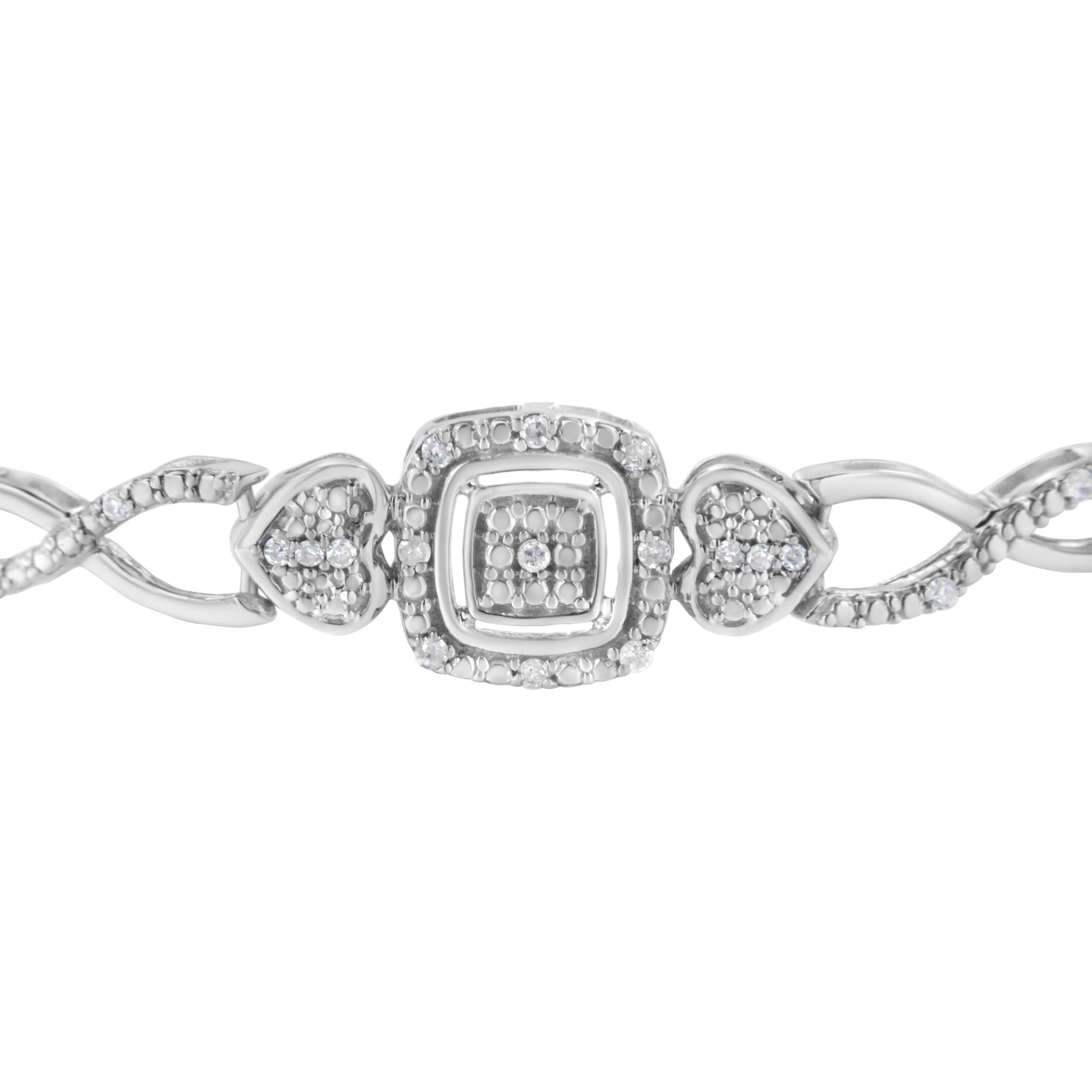Braccialetto Bolo Tennis Bolo regolabile in argento sterling 925 con montatura a cuscino e diamanti, lato cuore, da 4" a 10" (colore IJ, purezza I3) - Friggin Jewelry