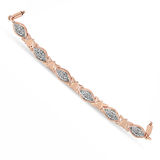 Pulsera bolo de plata de ley 925 con detalles de diamantes, forma marquesa alternada y eslabones de corazón (color IJ, claridad I3) - Ajustable de 15 a 23 cm - Friggin Jewelry