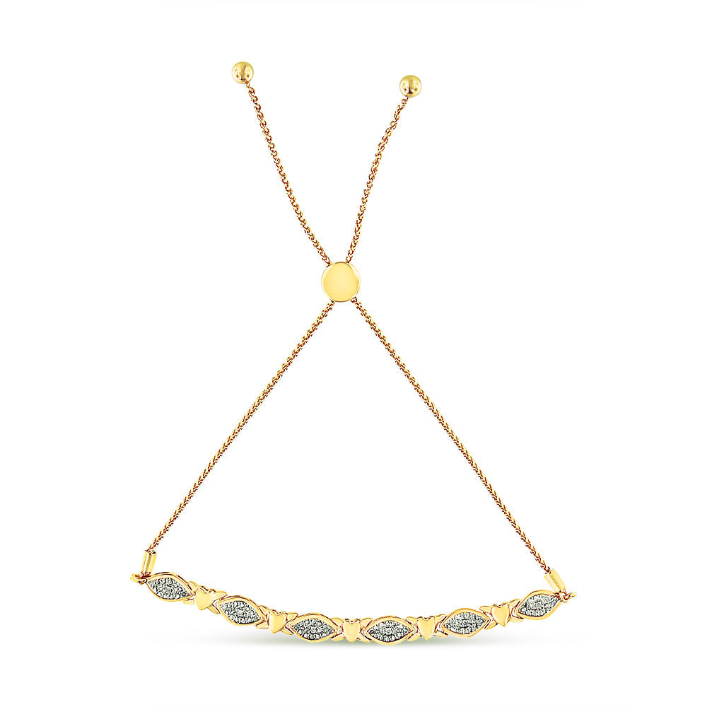 Pulsera bolo de plata de ley 925 con detalles de diamantes, forma marquesa alternada y eslabones de corazón (color IJ, claridad I3) - Ajustable de 15 a 23 cm - Friggin Jewelry