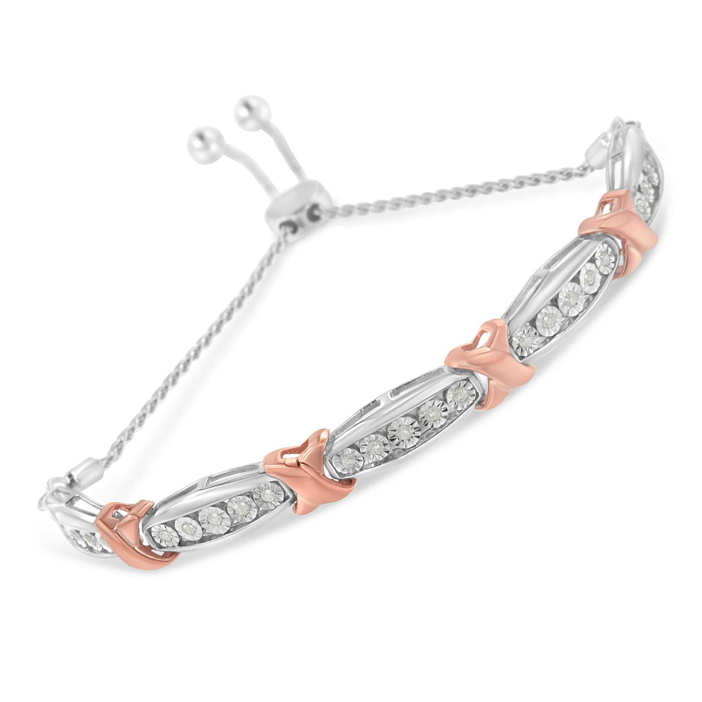 Bracciale Bolo Miracle-Set in argento sterling 925 con diamanti taglio rotondo da 1/4 ct e barra affusolata (colore IJ, purezza I3) - Oro rosa bicolore e argento - Friggin Jewelry