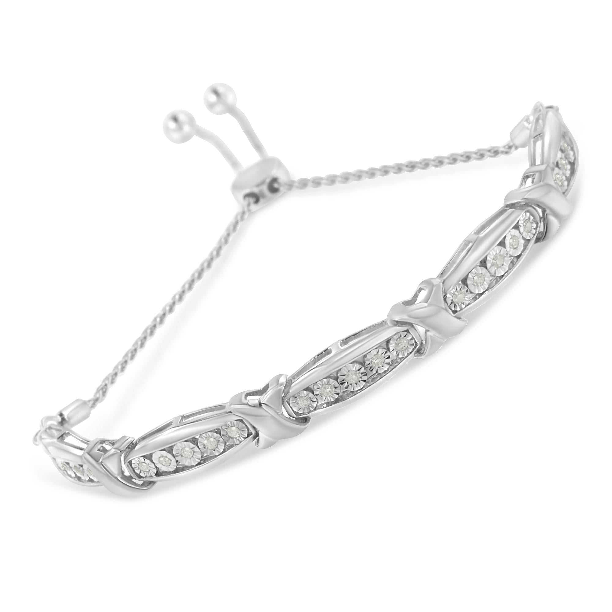 Pulsera bolo con diamantes de talla redonda en forma de X y barra cónica engastada milagrosamente (color IJ, claridad I3) - Plata de ley 925 - Friggin Jewelry