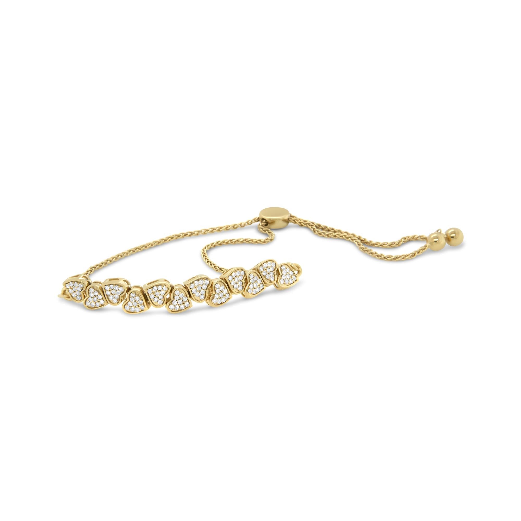 Yellow Gold Plated .925 Sterling Silver 1/2 Cttw Diamond Sideways Hearts Bolo Bracelet (H-I Color, I1-I2 Clarity) - 4”-10” Adjustable - Friggin Jewelry