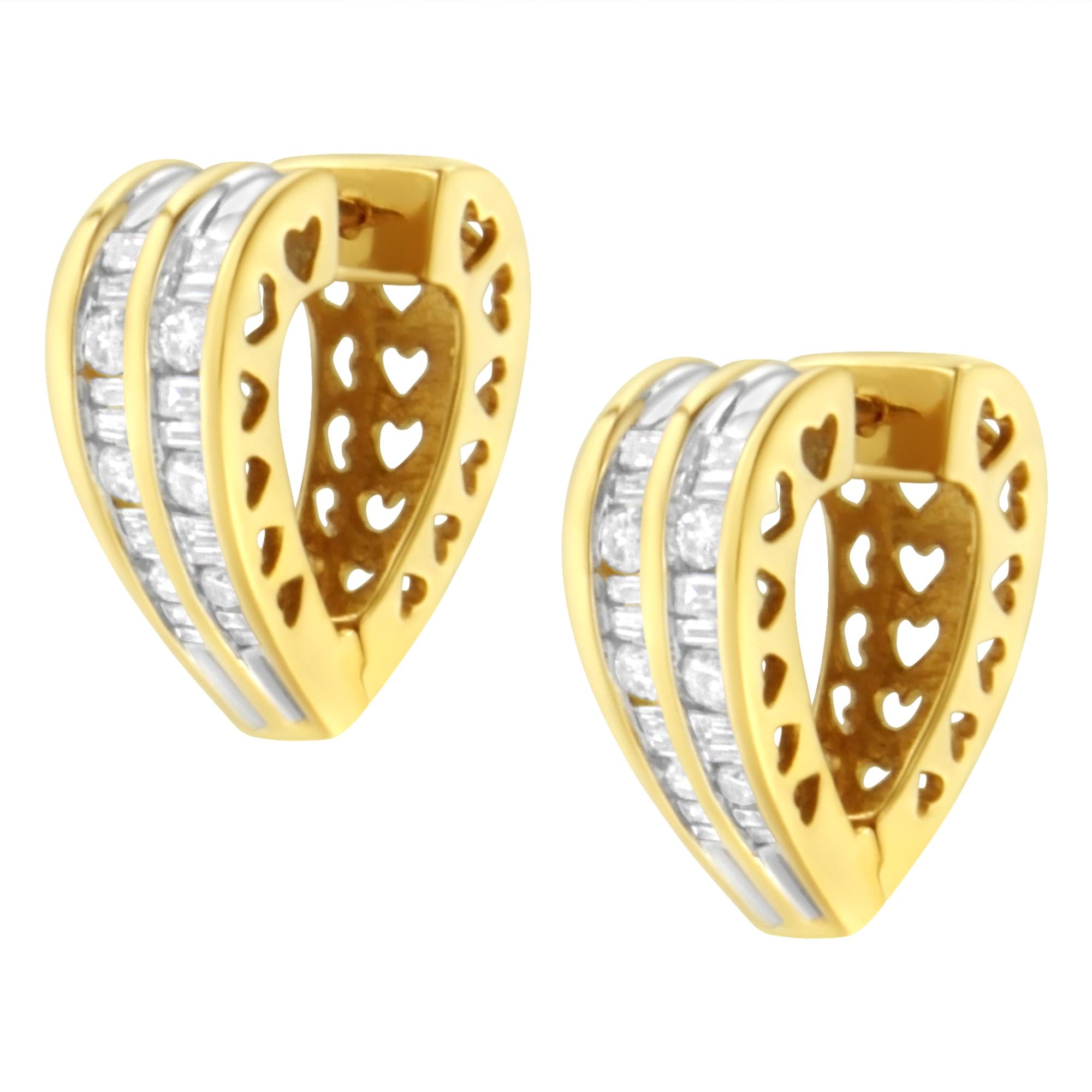 14K Yellow and White Gold 1.0 Cttw Channel Set Round and Baguette Diamond Multi Row Huggy Hoop Earrings (I-J Color, I2-I3 Clarity) - Friggin Jewelry