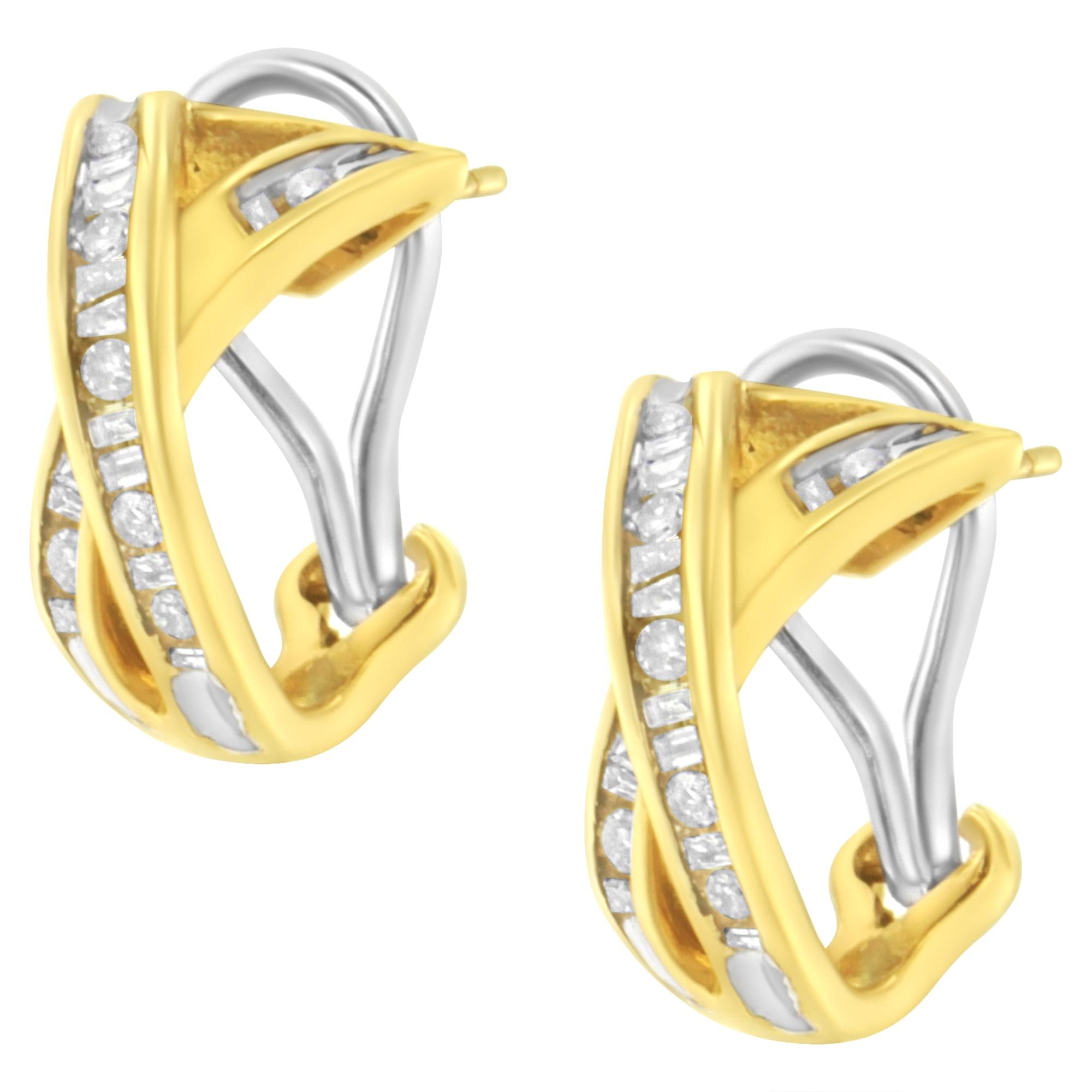 Orecchini a cerchio con diamanti a forma di "X" incrociati in oro giallo e bianco 14K da 1/2 TDW (IJ, I2-I3) - Friggin Jewelry