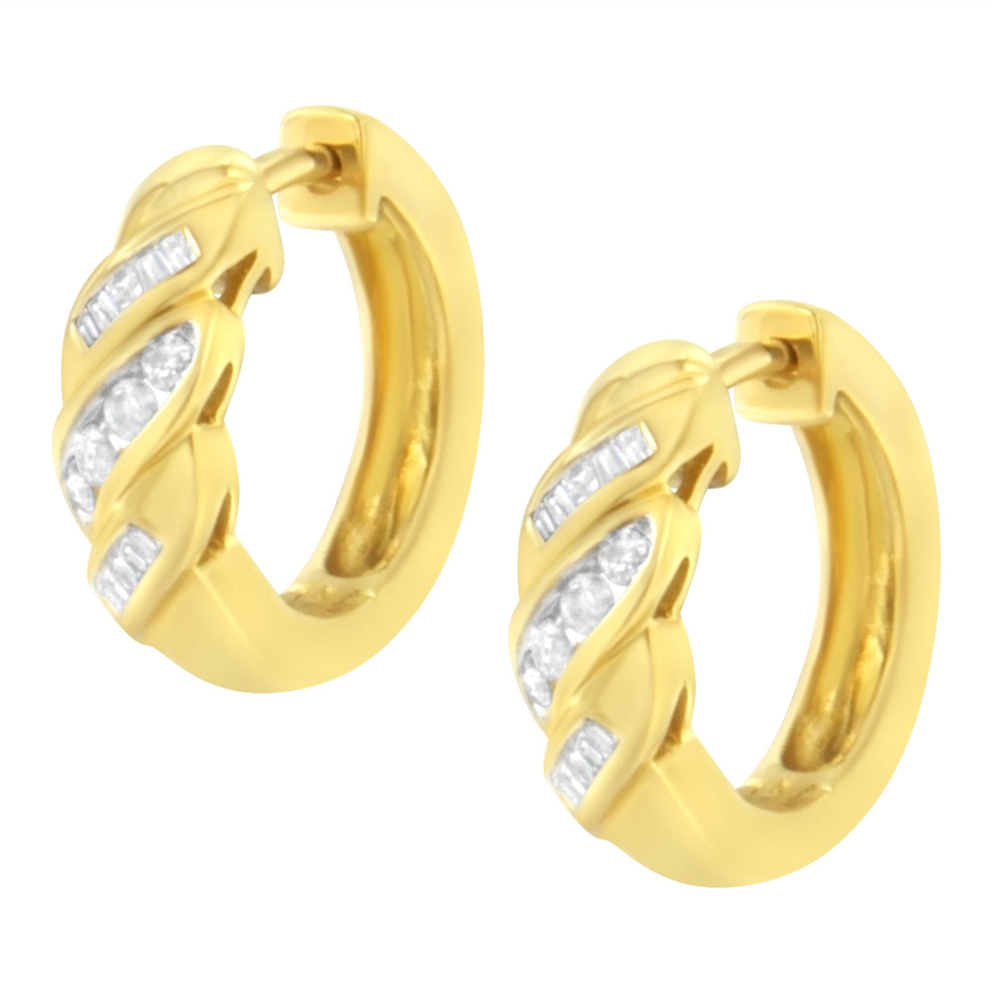 14K Yellow Gold 1/4 ct TDW Alternating 3 Row Baguette & Round Brilliant-Cut Diamond Huggy Hoop Earrings (H-I, I2-I3) - Friggin Jewelry