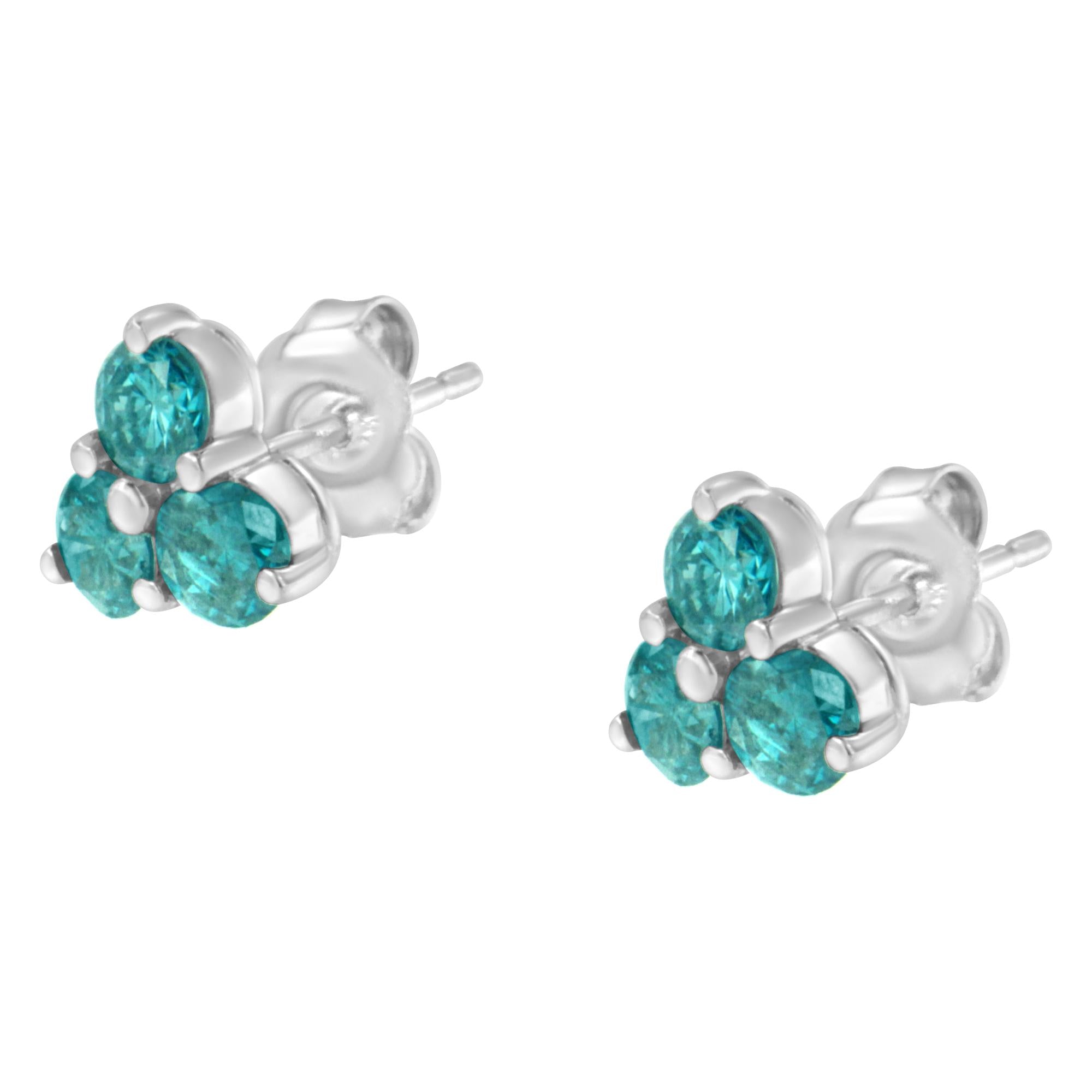 14KT White Gold Treated Blue Diamond Trio Stud Earrings (1 1/3 cttw, Blue) - Friggin Jewelry
