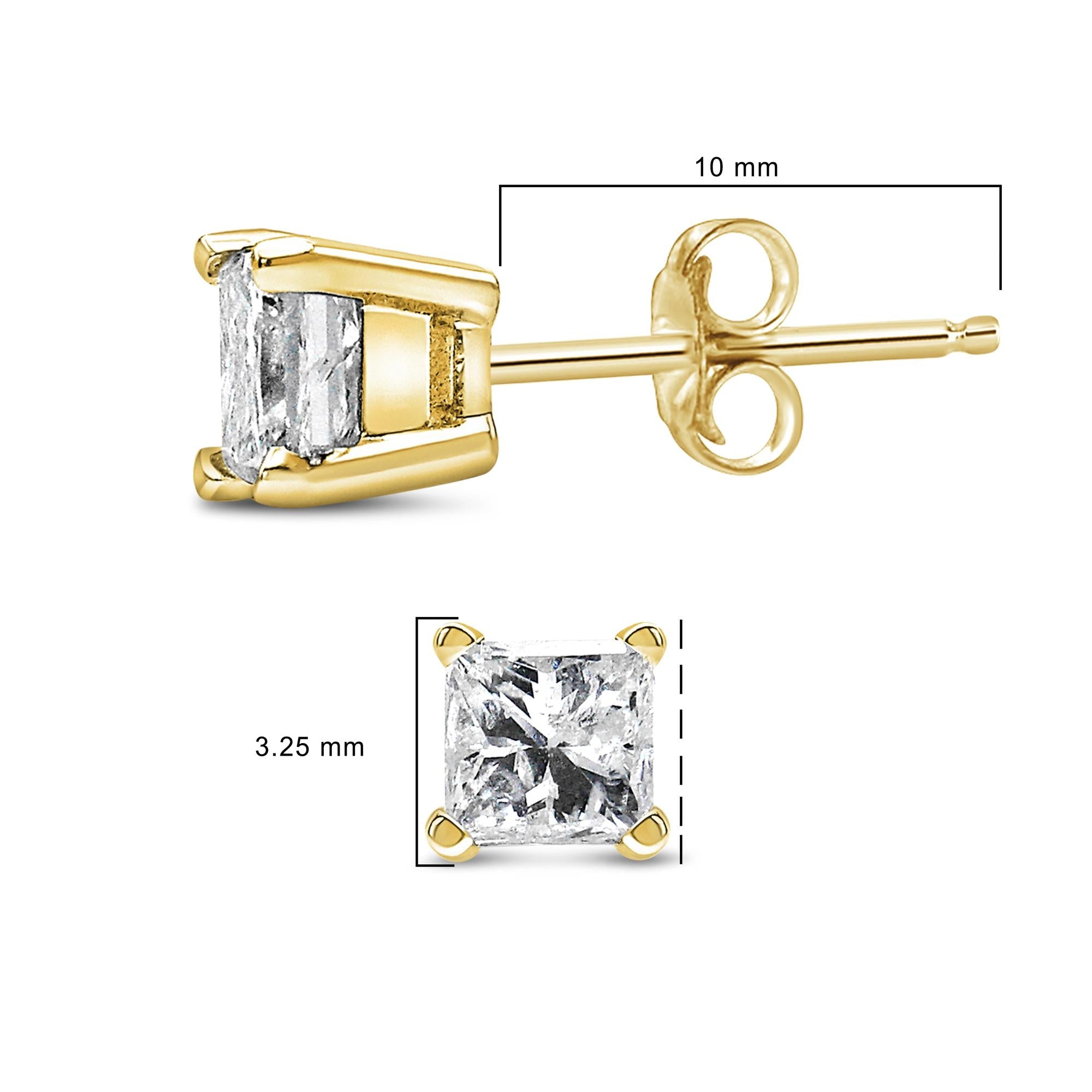 Aretes tipo botón con diamantes solitarios de talla princesa engastados en oro amarillo de 14 k con certificación IGI de 1/2 ct y 4 puntas (color MN, claridad SI2-I1) - Friggin Jewelry