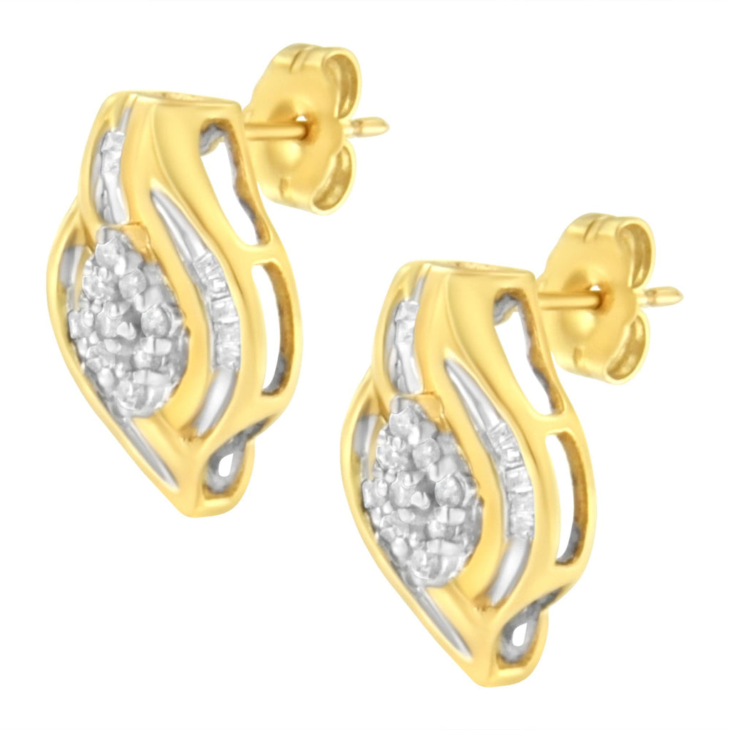 10K Yellow Gold 1/3 cttw Round-Cut Diamond Cluster and Swirl Stud Earrings (J-K Clarity, I2-I3 Color) - Friggin Jewelry