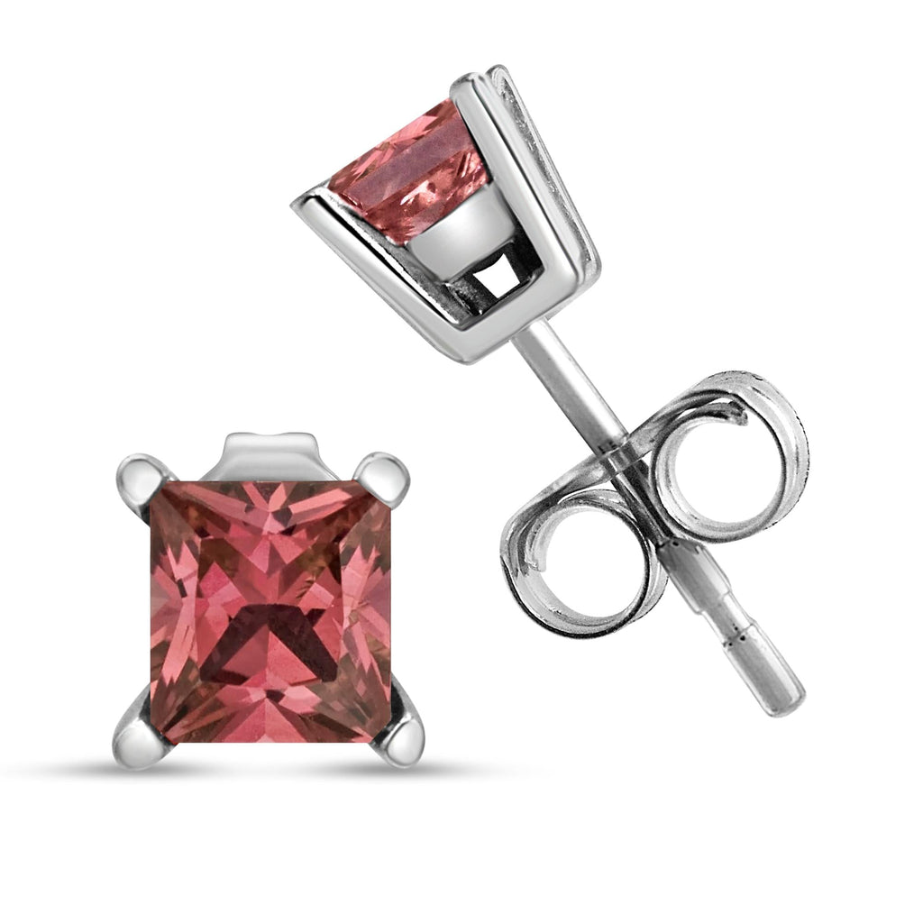 14K White Gold 4 Prong Set Lab Grown Pink Princess Diamond Solitaire Stud Earrings (Pink Color, VS2-SI1 Clarity) - Friggin Jewelry