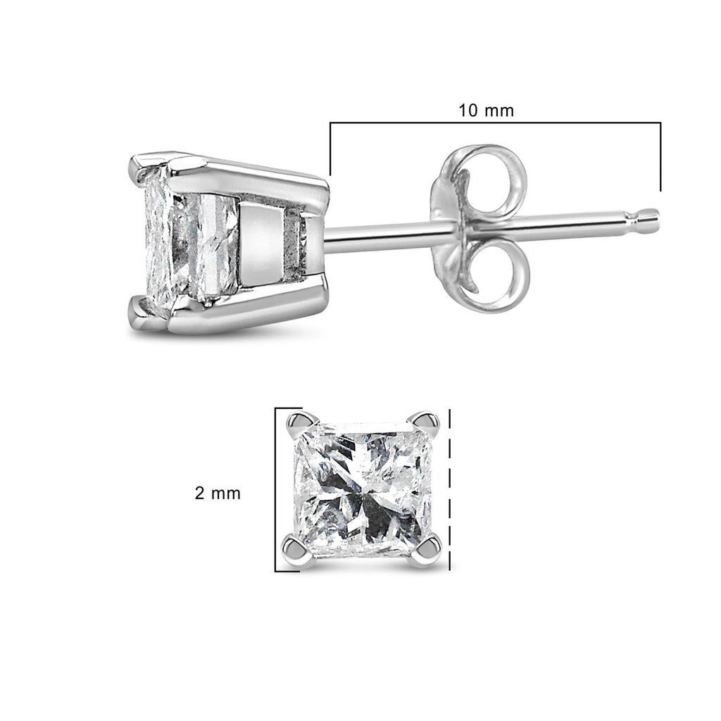Orecchini a bottone con diamante solitario taglio principessa da 1/10 ct in oro bianco 14 carati (colore HI, purezza I1-I2) - Friggin Jewelry