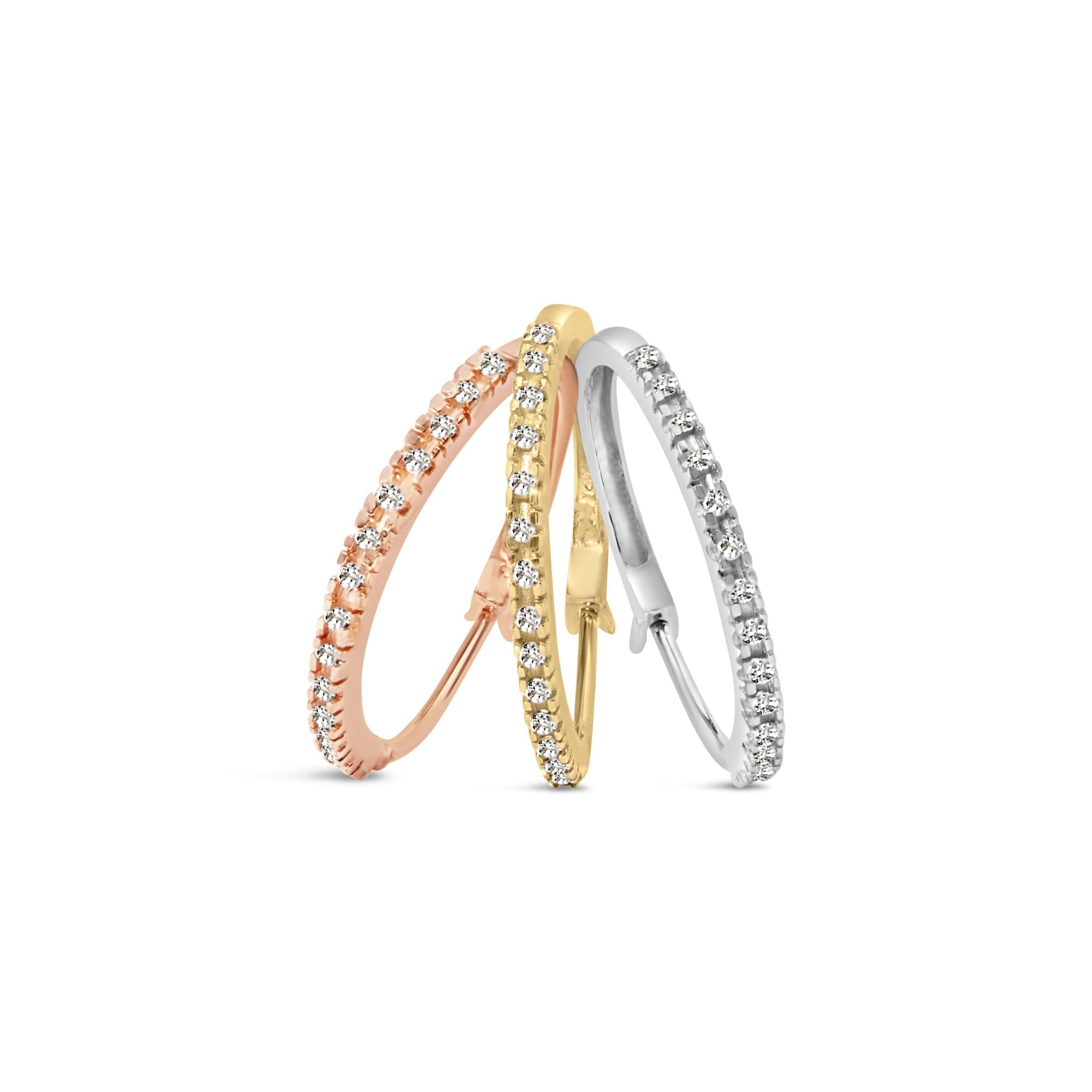 Orecchini a cerchio triplo in oro tricolore 14K con diamanti da 1/3 carati (colore IJ, purezza I2-I3) - 22 mm - Friggin Jewelry