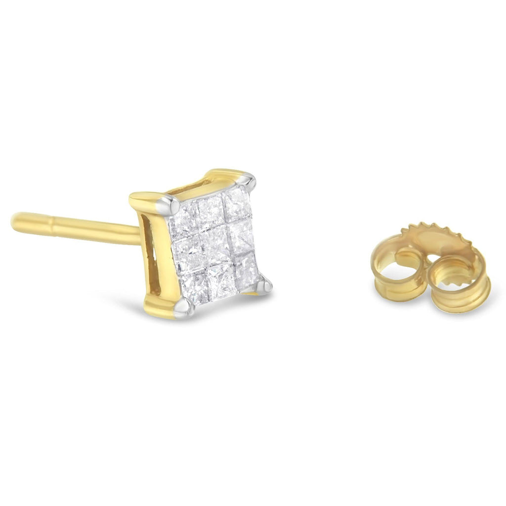 Aretes de oro amarillo de 14 quilates con diamantes de talla princesa de 1/2 ct y 9 piedras cuadradas engastadas invisibles (color JK, claridad SI2-I1) - Friggin Jewelry