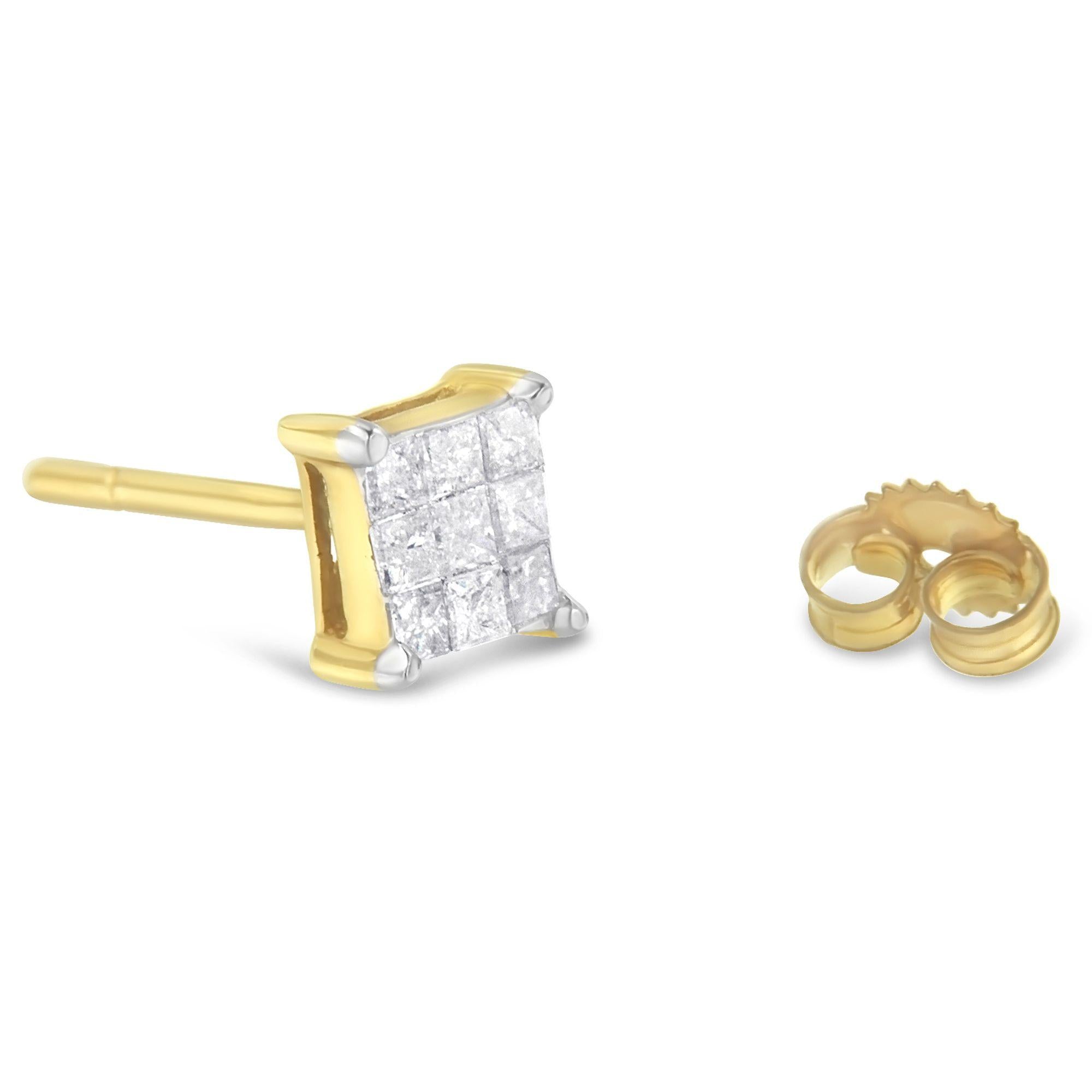 Aretes de oro amarillo de 14 quilates con diamantes de talla princesa de 1/2 ct y 9 piedras cuadradas engastadas invisibles (color JK, claridad SI2-I1) - Friggin Jewelry