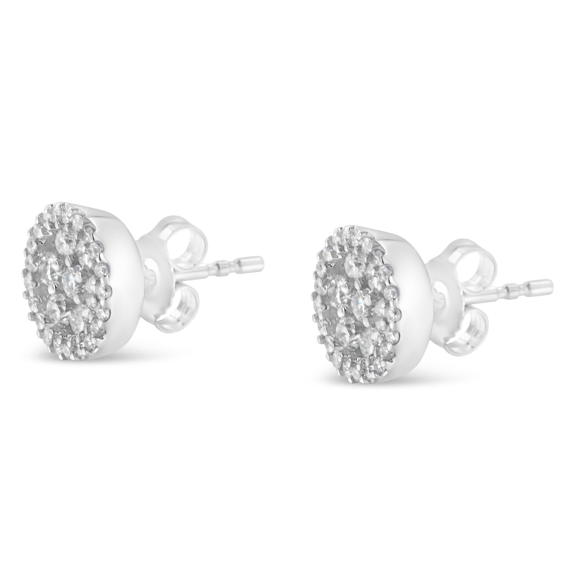 14K White Gold 1.0 Cttw Brilliant-Cut Diamond Halo-Style Cluster Round Button Stud Earrings (H-I Color, I1-I2 Clarity) - Friggin Jewelry Premium