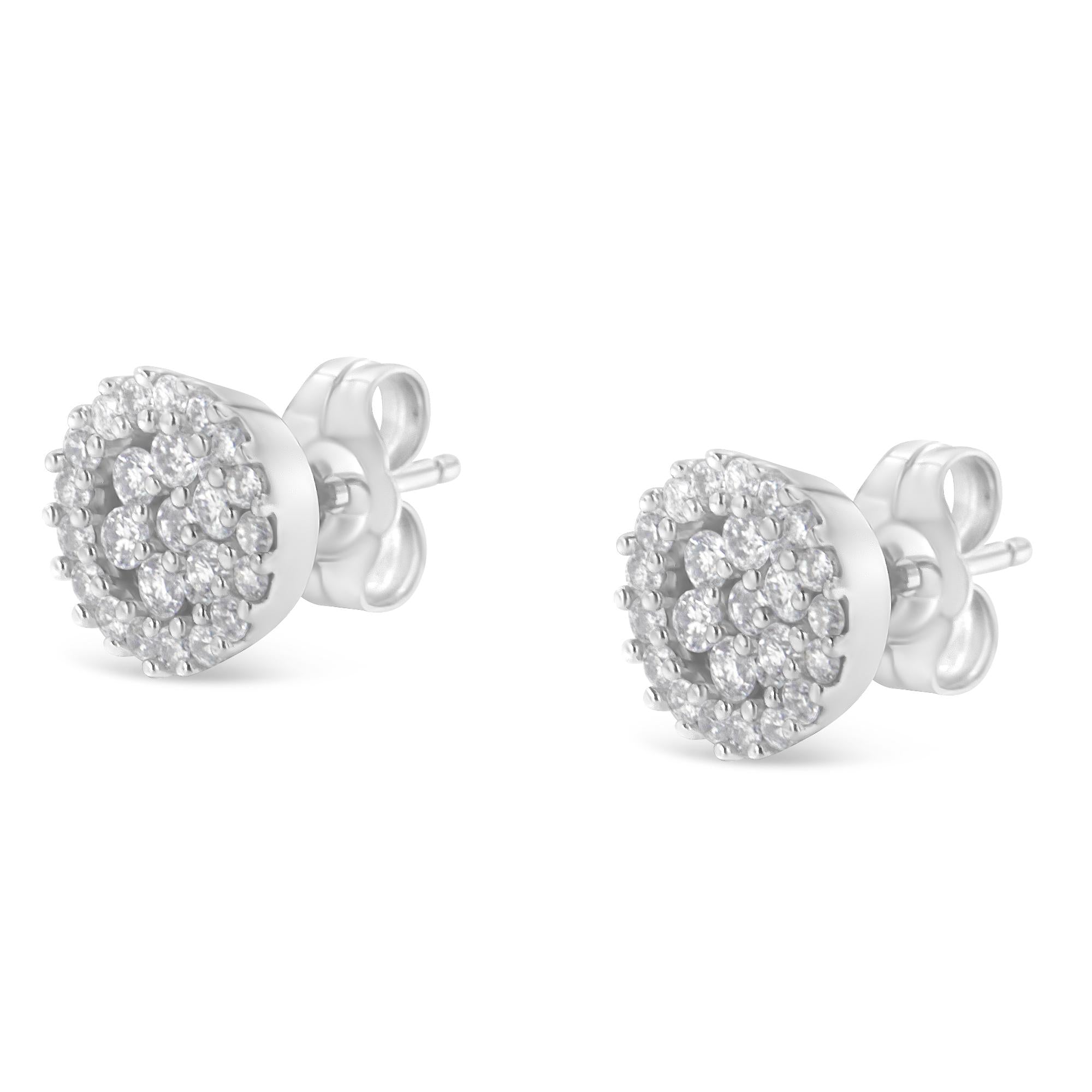 14K White Gold 1/2 Cttw Brilliant-Cut Diamond Halo-Style Cluster Round Button Stud Earrings (H-I Color, I1-I2 Clarity) - Friggin Jewelry
