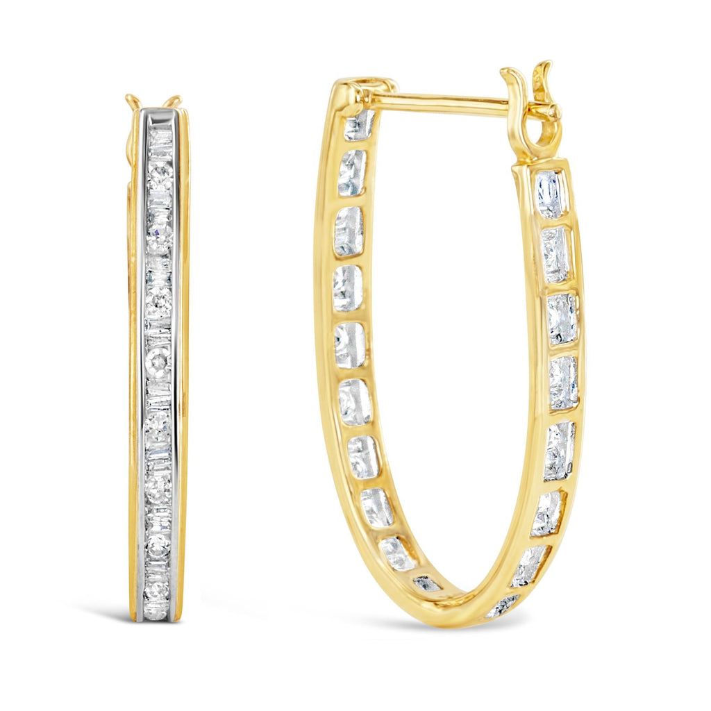Orecchini a cerchio a U in oro giallo 10 carati con diamanti taglio baguette e taglio rotondo da 1,00 ct (colore HI, purezza SI2-I1) - Friggin Jewelry
