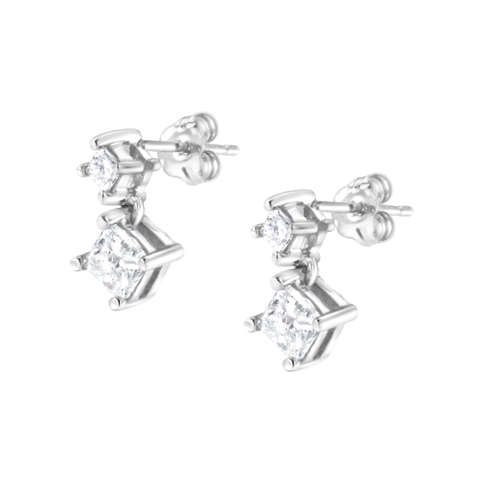 14K White Gold 1.0 Cttw Princess-Cut Double Diamond Drop Stud Earrings  for Women (H-I Color, I1-I2 Clarity) - Friggin Jewelry