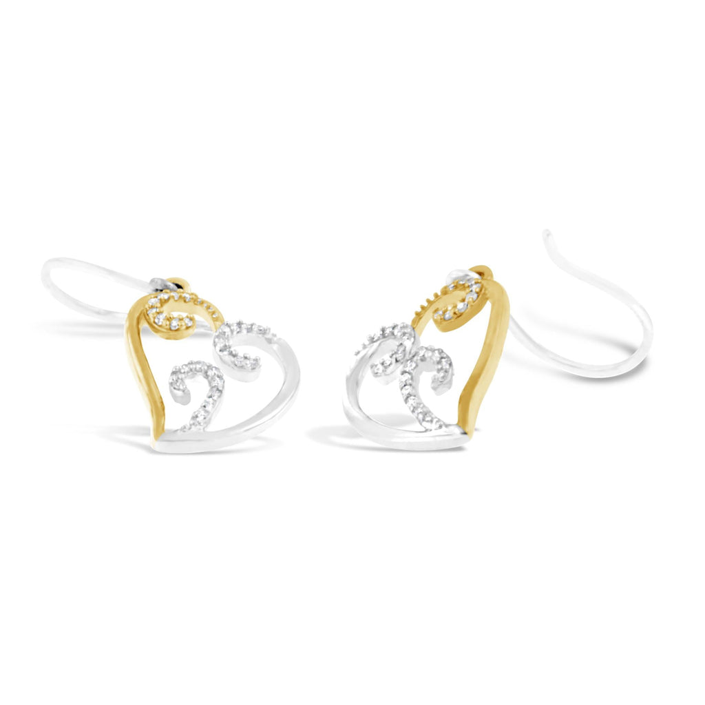 10K Two-tone Gold Round Diamond Heart Dangle Earrings (1/4 cttw, I-J Color, I2-I3 Clarity) - Friggin Jewelry