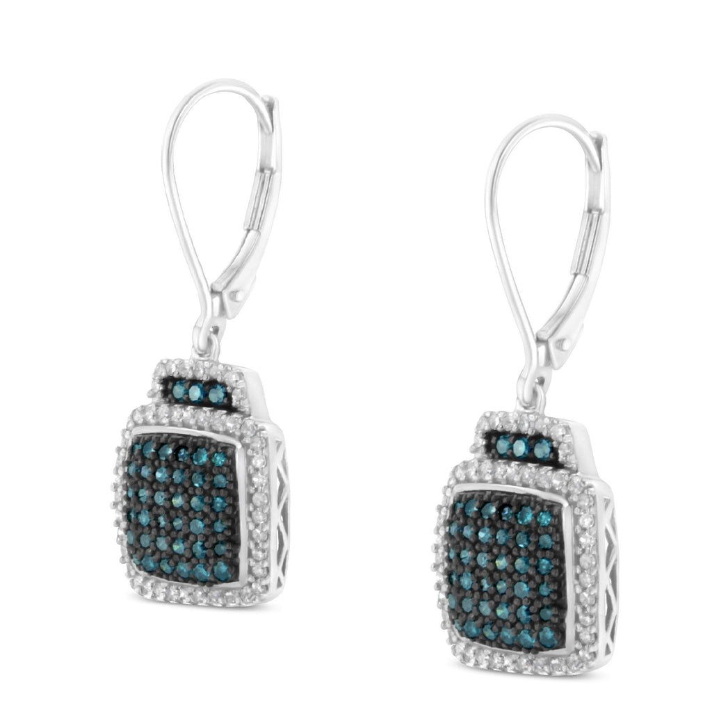 Black Rhodium over .925 Sterling Silver ¾ Cttw Blue and White Diamond Cushion Shaped Dangle Earrings (Enhanced Blue & I-J Color, I2-I3 Clarity) - Friggin Jewelry