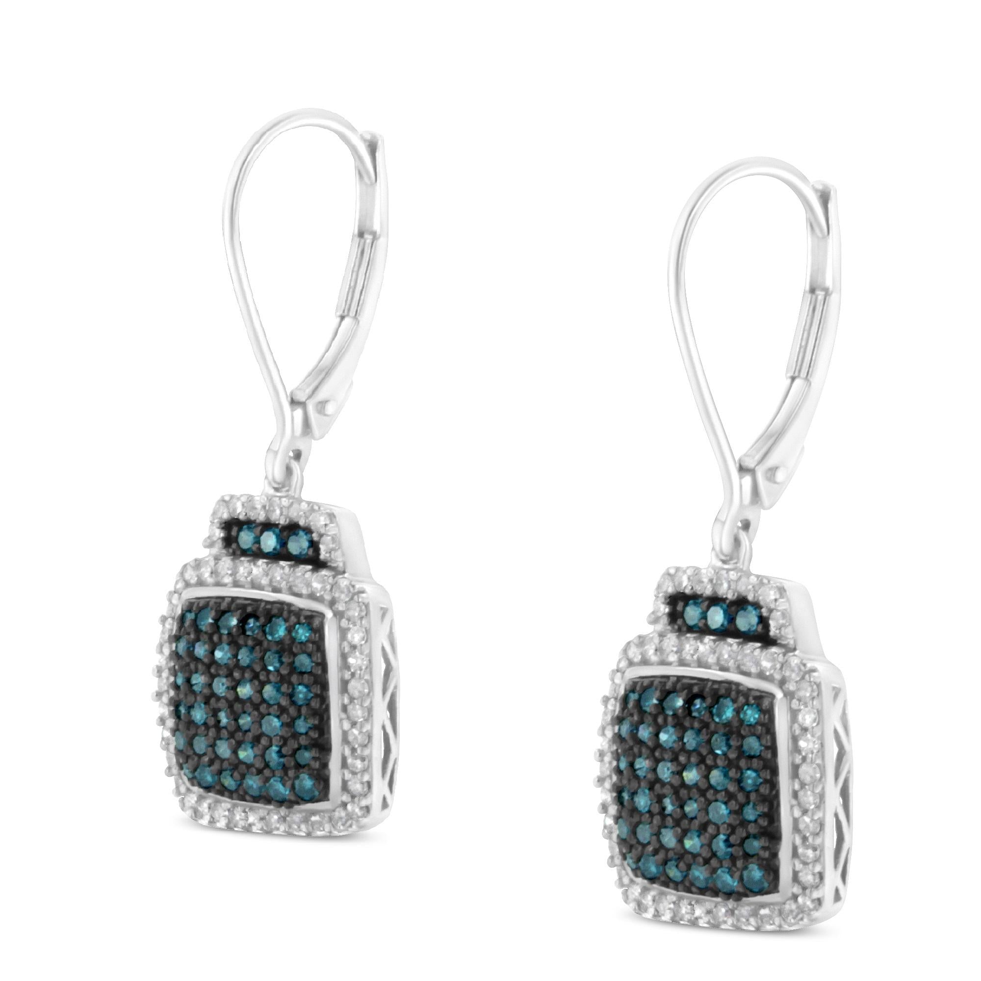 Black Rhodium over .925 Sterling Silver ¾ Cttw Blue and White Diamond Cushion Shaped Dangle Earrings (Enhanced Blue & I-J Color, I2-I3 Clarity) - Friggin Jewelry