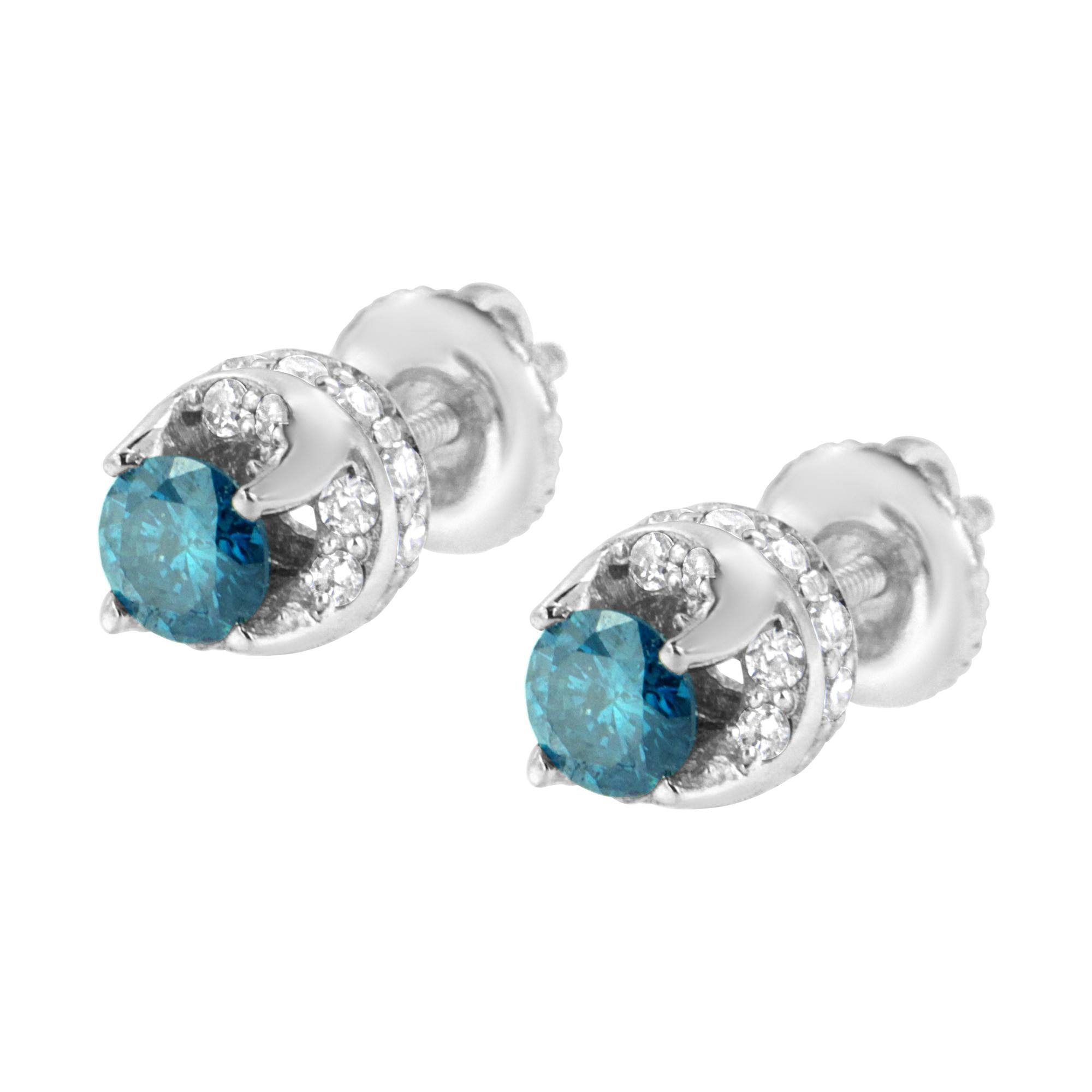 Aretes de oro blanco de 14 quilates con halo oculto de diamantes azules y blancos tratados de 1,00 quilates (color azul/IJ, claridad I2-I3) - Friggin Jewelry