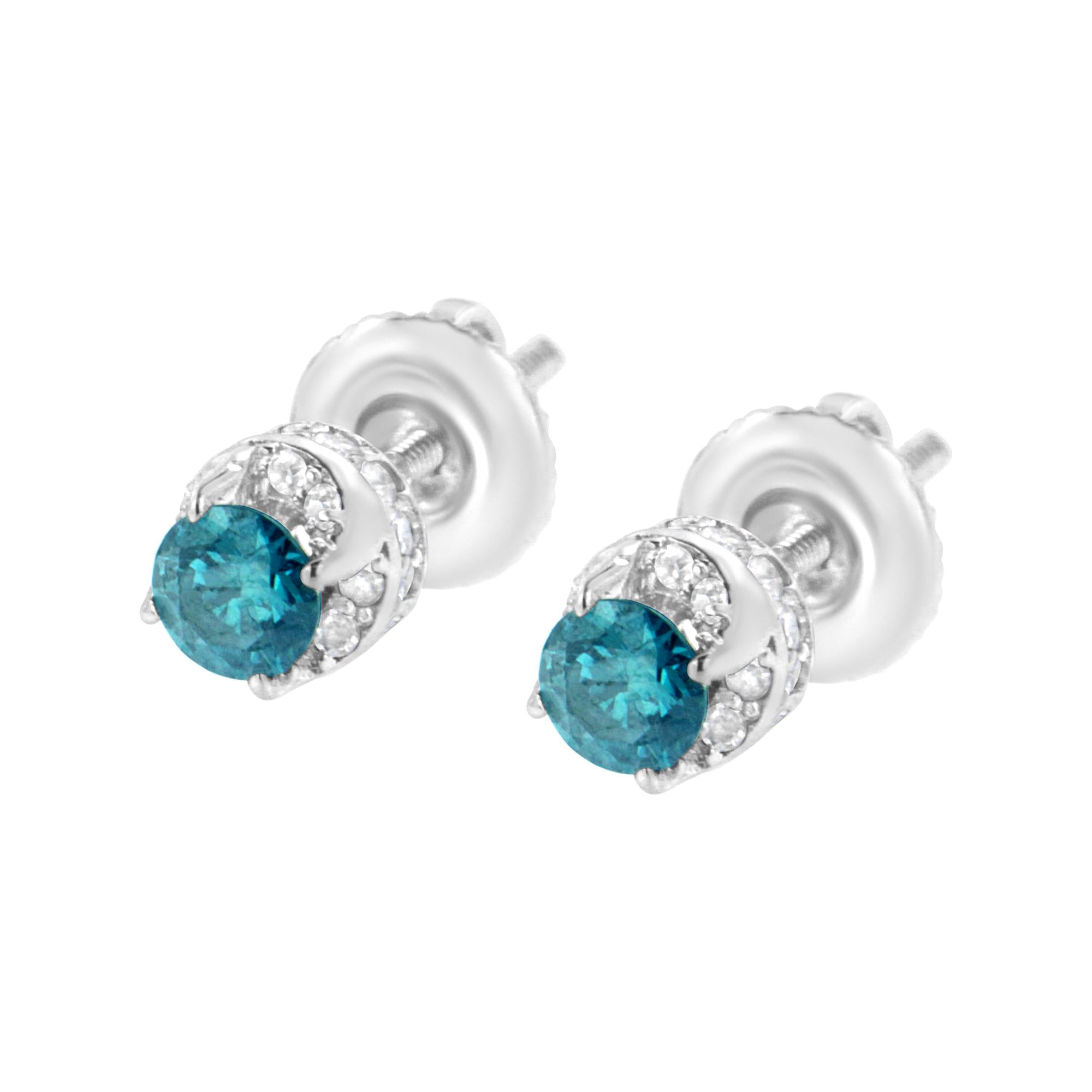 Orecchini in oro bianco 14 carati con diamanti rotondi bianchi e blu trattati da 1/2 ct (IJ I2-I3) - Friggin Jewelry