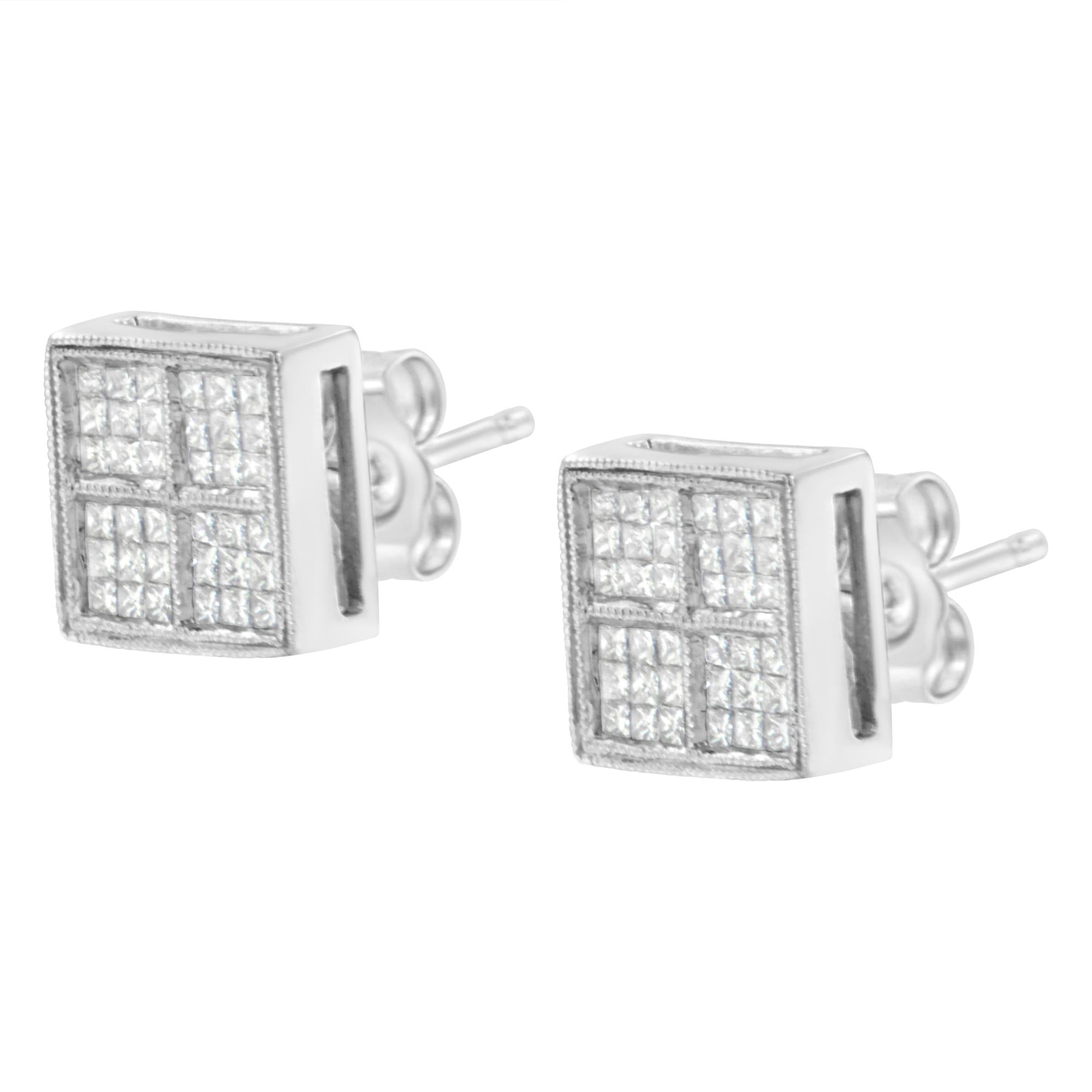 Aretes de oro blanco de 14 quilates con diamante princesa de 1/2 ct y forma de caja milgrain (color HI, claridad SI1-SI2) - Friggin Jewelry