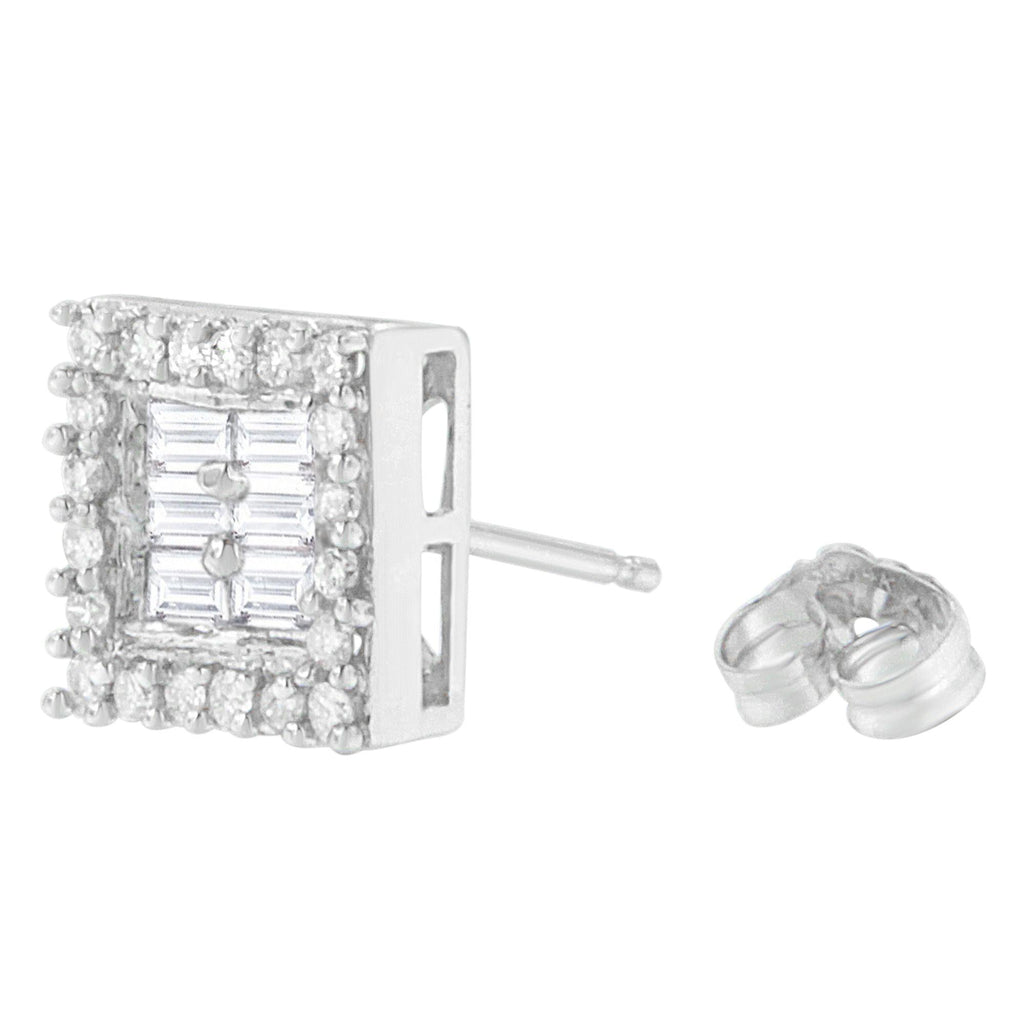 Orecchini a bottone in oro bianco 14 carati con diamanti taglio rotondo e baguette da 1 carato (HI, SI1-SI2) - Friggin Jewelry