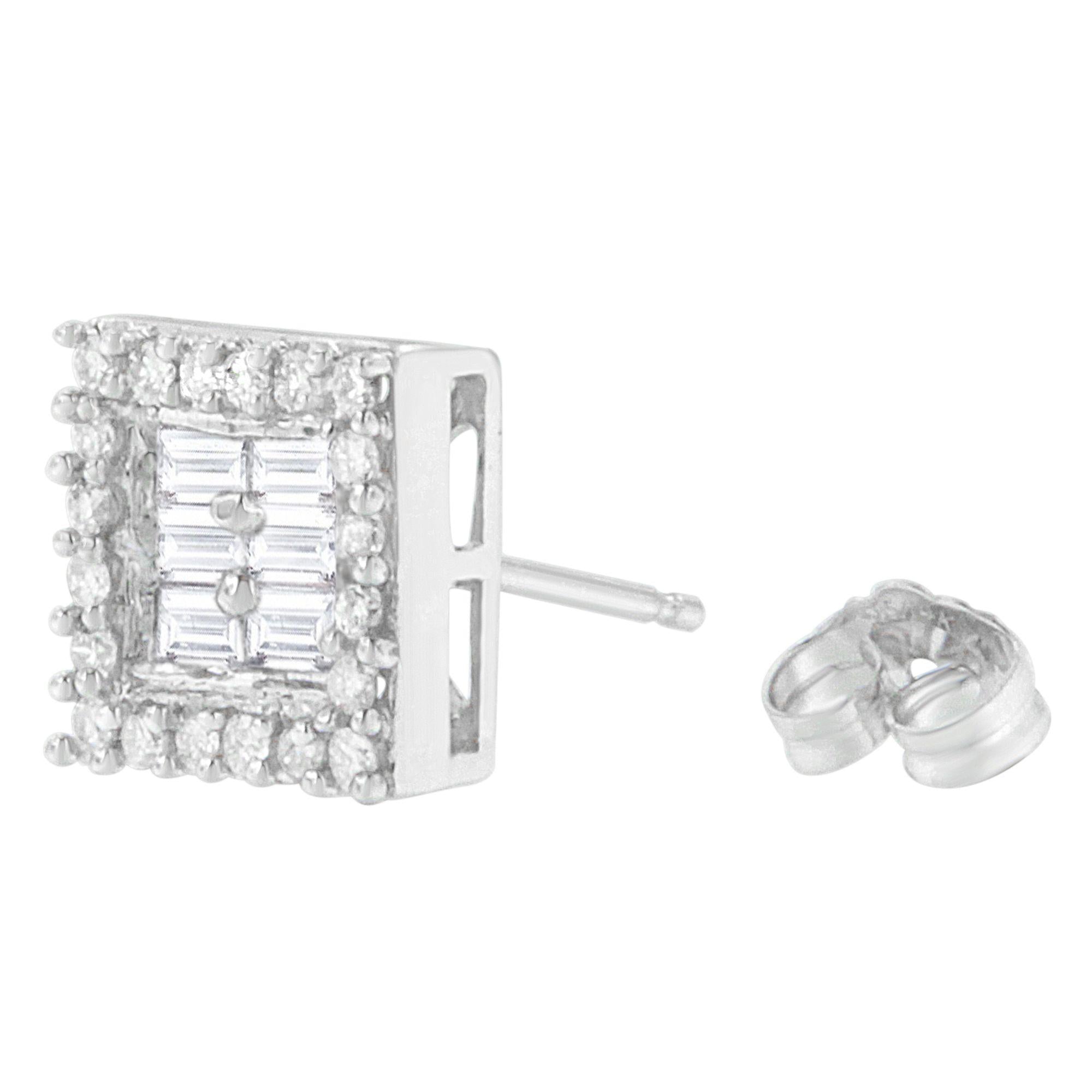 Aretes de oro blanco de 14 quilates con diamantes redondos y baguette de 1 ct (HI, SI1-SI2) - Friggin Jewelry