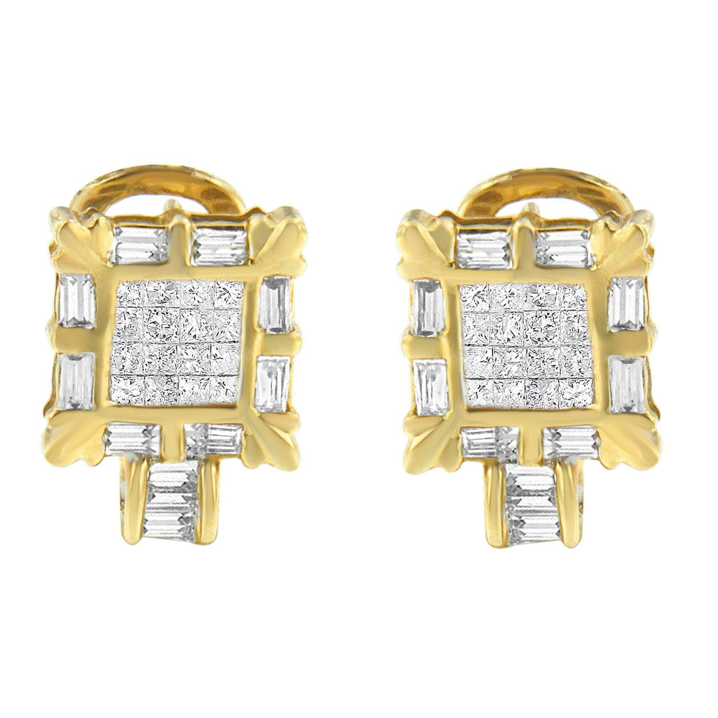14K Yellow Gold 7/8 Cttw Princess and Baguette-Cut Diamond Square Framed Huggie Hoop Omega Earrings (H-I Color, SI1-SI2 Clarity) - Friggin Jewelry