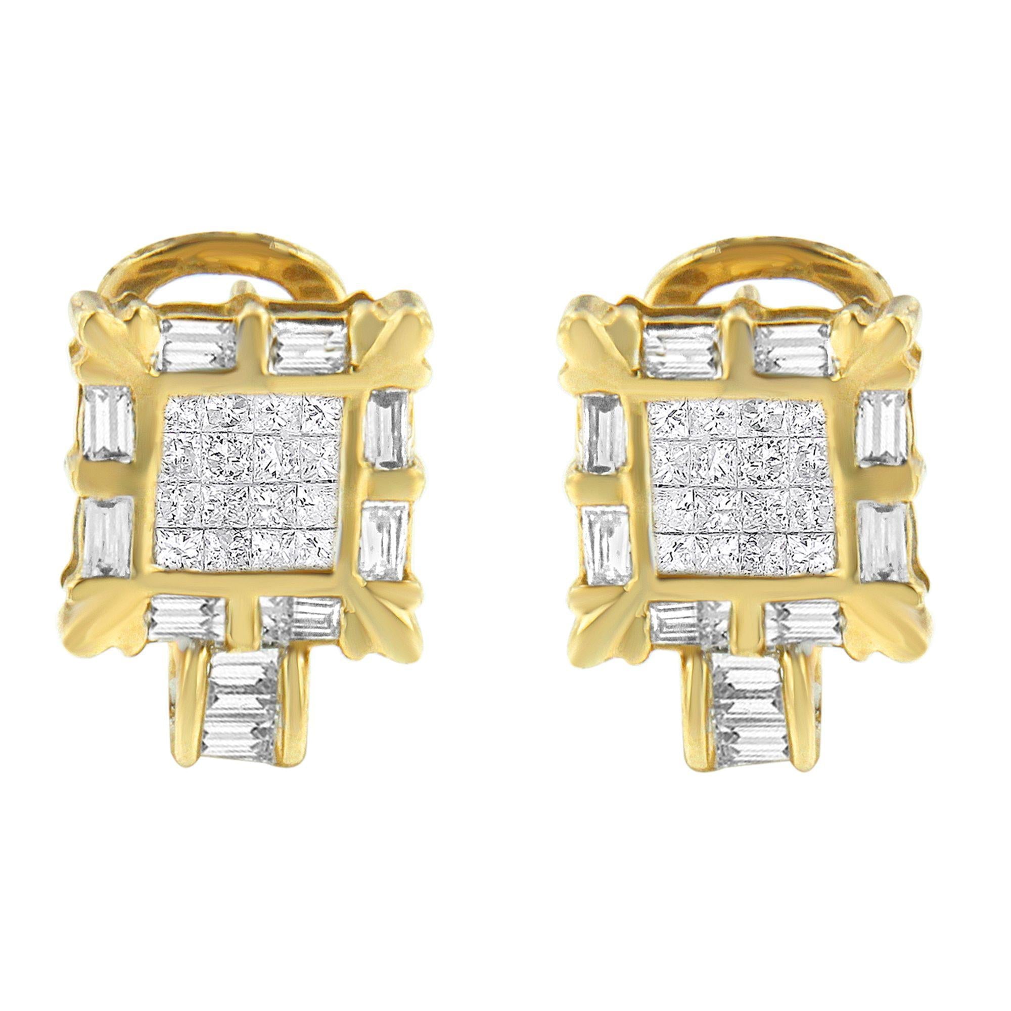 14K Yellow Gold 7/8 Cttw Princess and Baguette-Cut Diamond Square Framed Huggie Hoop Omega Earrings (H-I Color, SI1-SI2 Clarity) - Friggin Jewelry