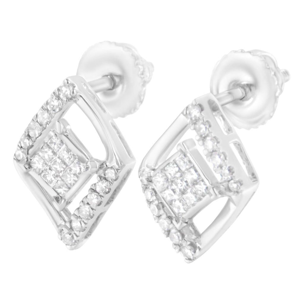Orecchini a bottone in oro bianco 10 carati con doppio triangolo composito e diamanti taglio principessa da 1/3 ct (colore HI, purezza SI1-SI2) - Friggin Jewelry