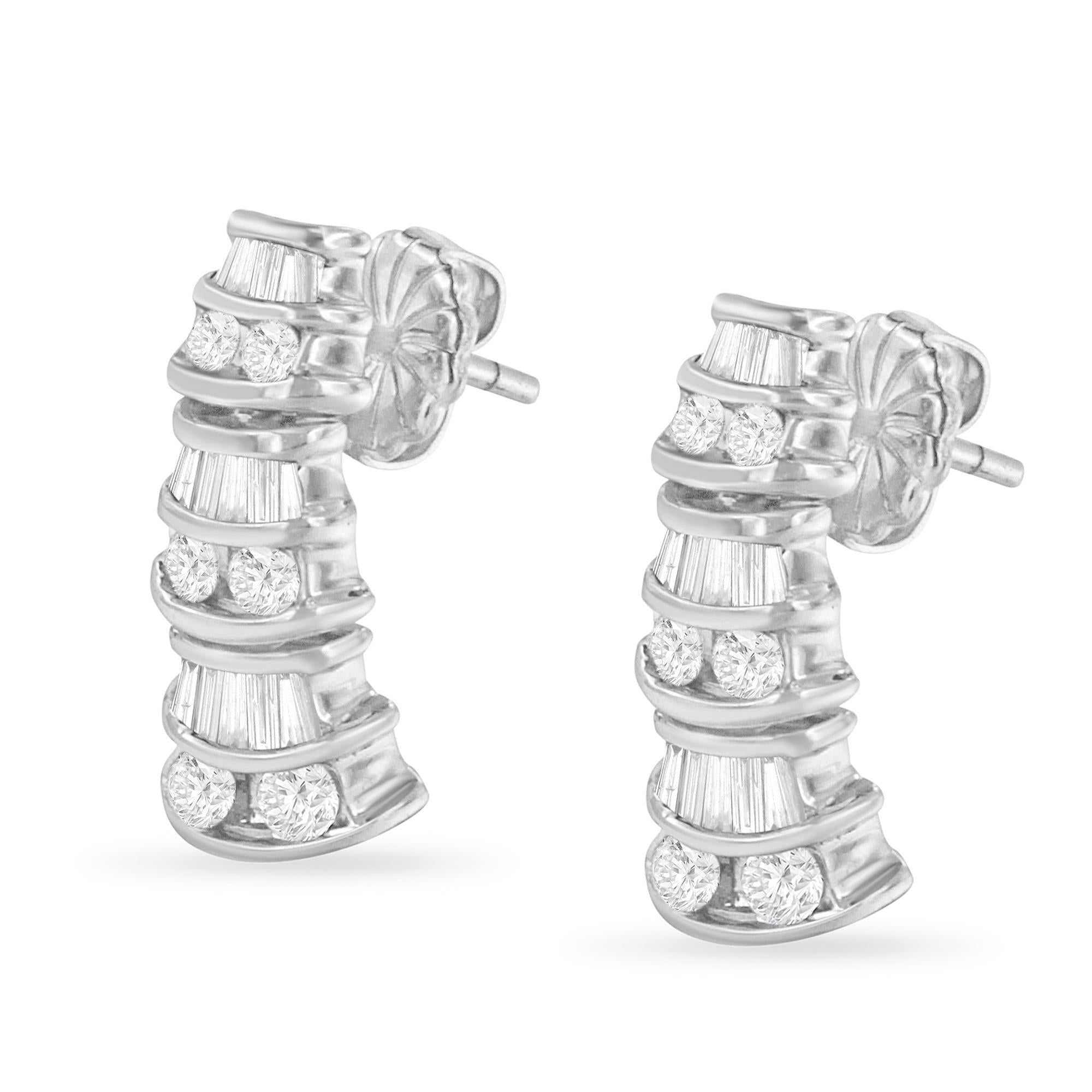 14KT White Gold 7/8 cttw Bagutte & Round Brilliant-Cut Diamond Dangle Multi Row Earrings (H-I, SI2-I1) - Friggin Jewelry