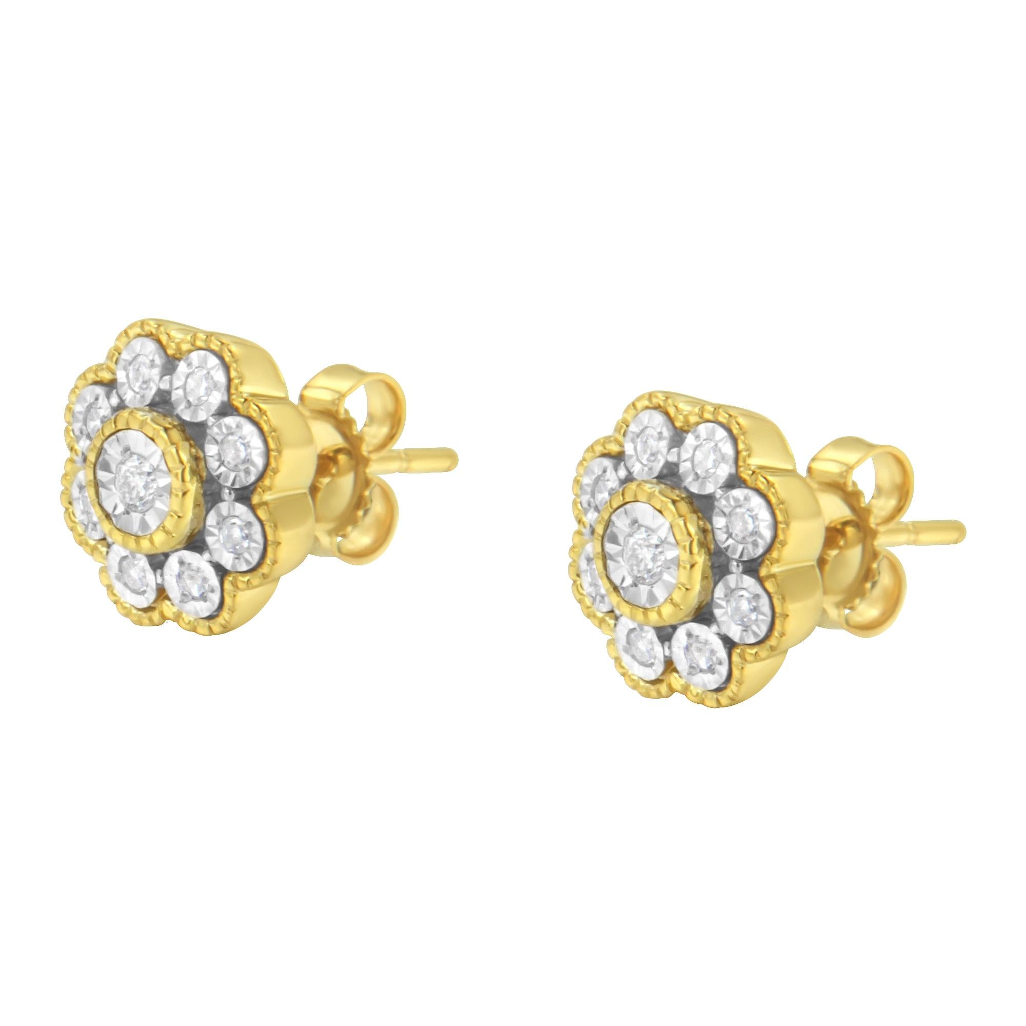 14K Yellow Gold Plated .925 Sterling Silver 1/6 Cttw Miracle-Plate Set Diamond Floral Stud Earrings (I-J Color, I2-I3 Clarity) - Friggin Jewelry