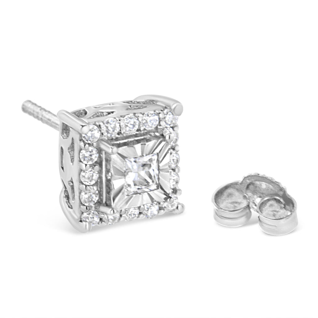 Pendientes de plata de ley 925 con halo de diamantes de talla princesa y redonda de 1/4 ct (color IJ, claridad I2-I3) - Friggin Jewelry