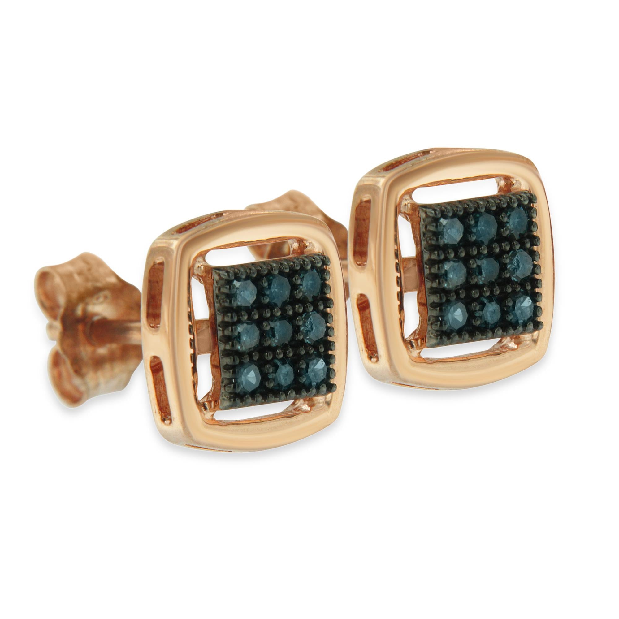 Rose Plated Sterling Silver Rose Cut Treated Diamond Stud Earring (0.25 cttw, Blue Color, I2-I3 Clarity) - Friggin Jewelry