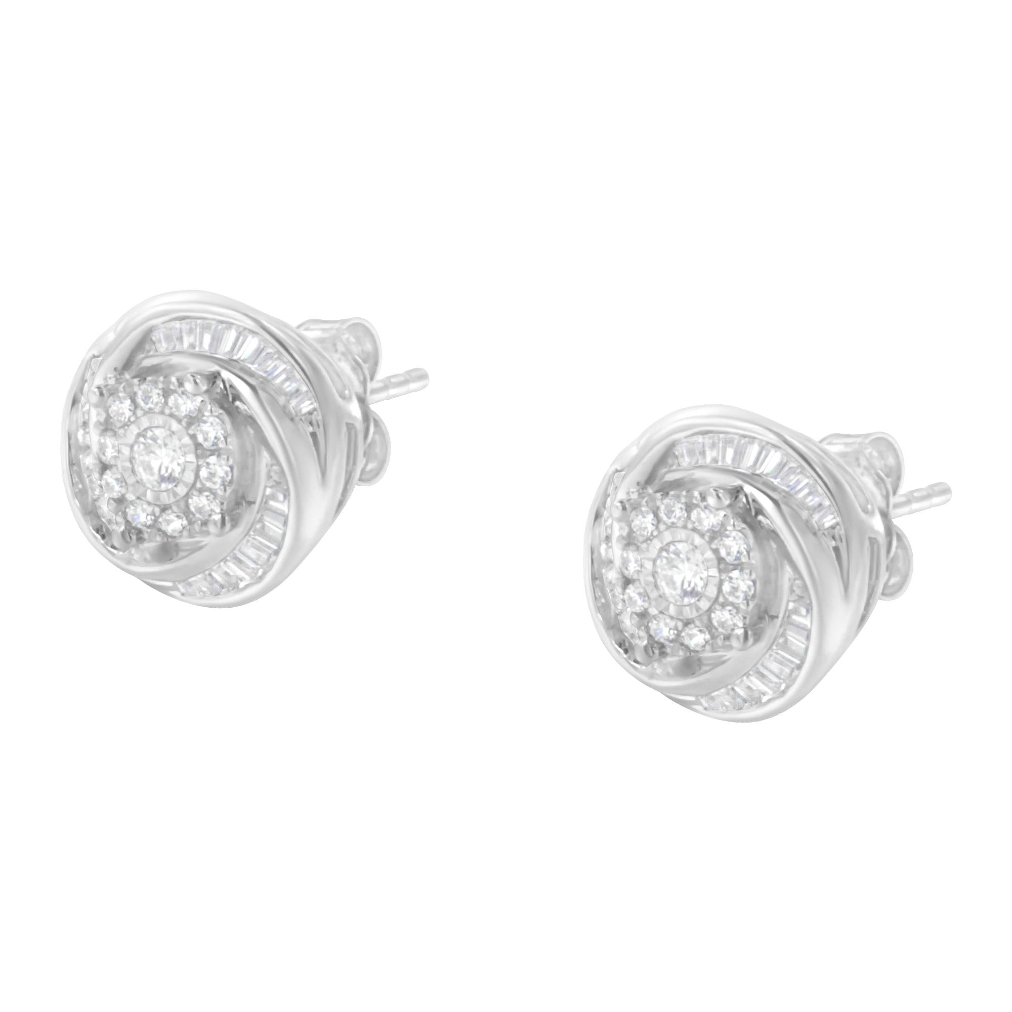 Pendiente de botón con nudo de amor de diamantes de talla baguette y redonda de 3/4 quilates en plata de ley 925 (color IJ, claridad I2-I3) - Friggin Jewelry