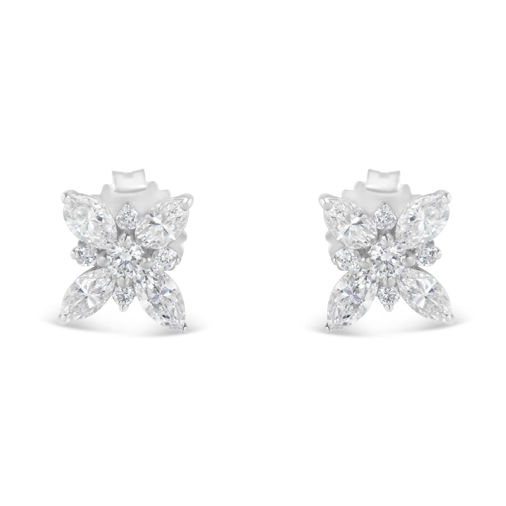 Orecchini a bottone a forma di fiore con diamanti Marquise in oro bianco 14 carati (1,00 cttw, colore HI, purezza SI1-SI2) - Friggin Jewelry