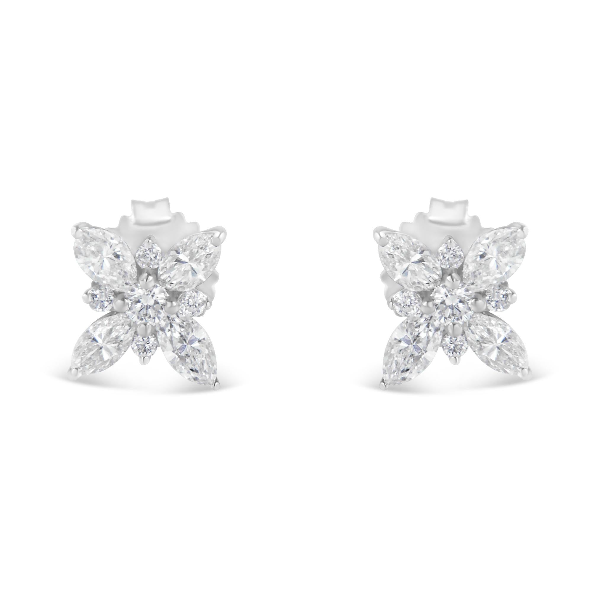 Orecchini a bottone a forma di fiore con diamanti Marquise in oro bianco 14 carati (1,00 cttw, colore HI, purezza SI1-SI2) - Friggin Jewelry