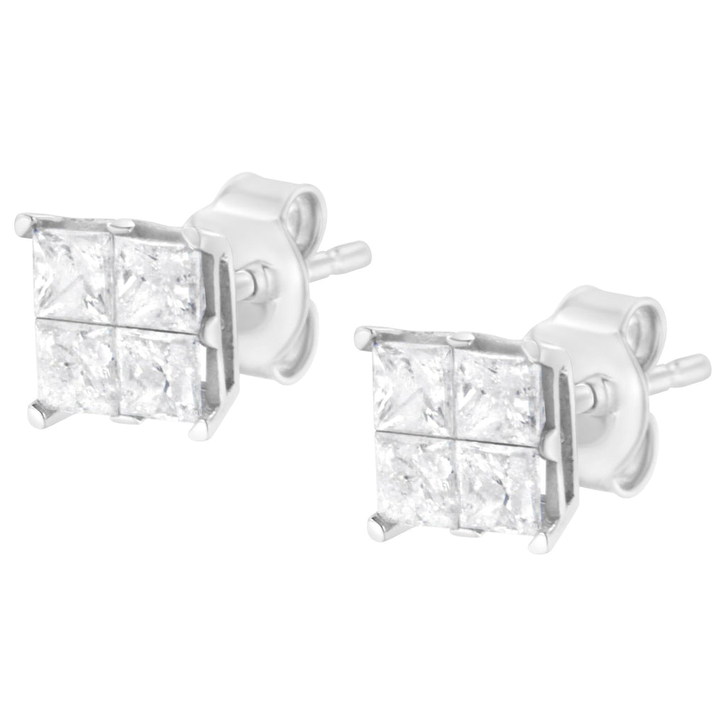 Aretes de oro blanco de 10 quilates con diamantes de talla princesa de 1,00 ct y forma cuadrada (color GH, claridad I2-I3) - Friggin Jewelry