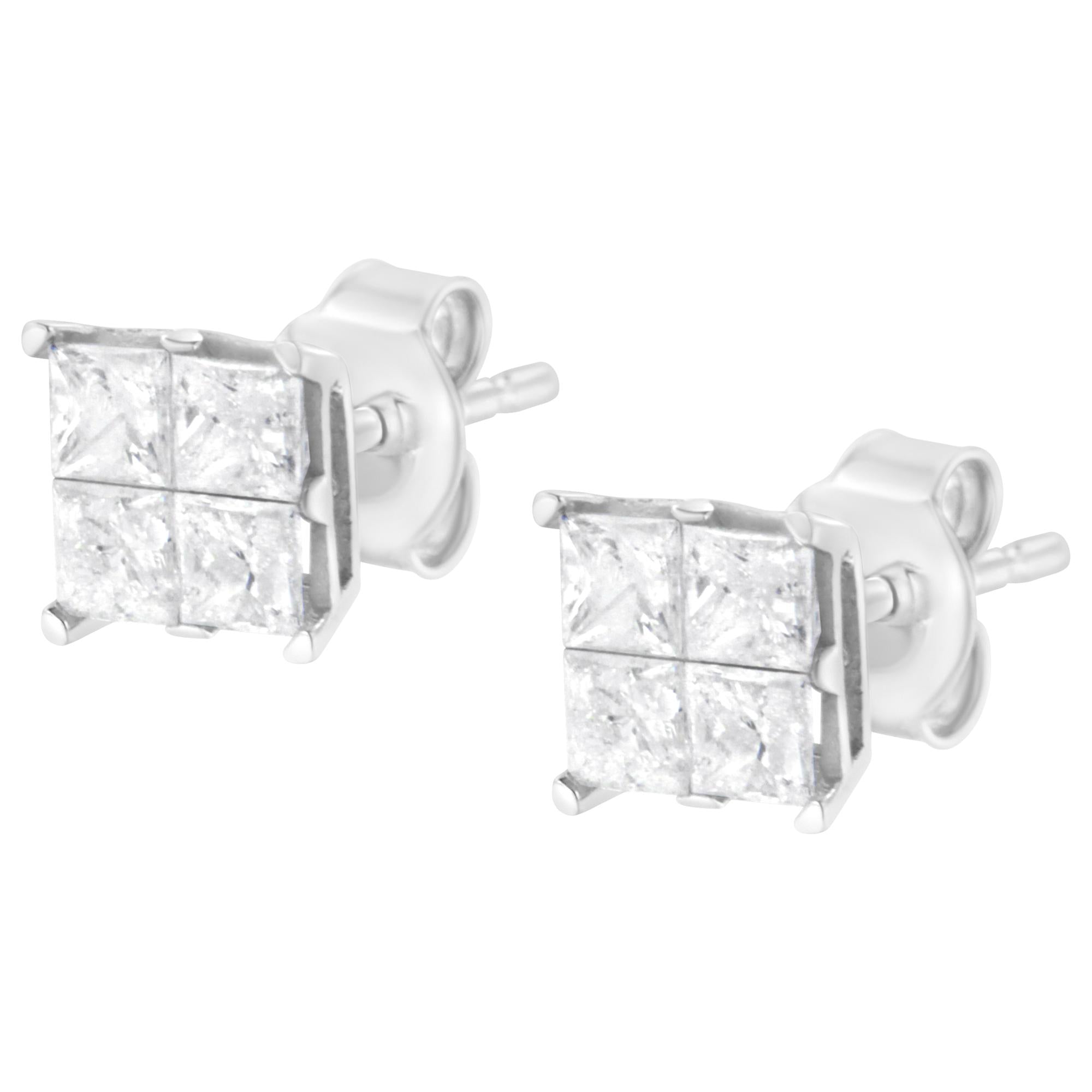 Aretes de oro blanco de 10 quilates con diamantes de talla princesa de 1,00 ct y forma cuadrada (color GH, claridad I2-I3) - Friggin Jewelry