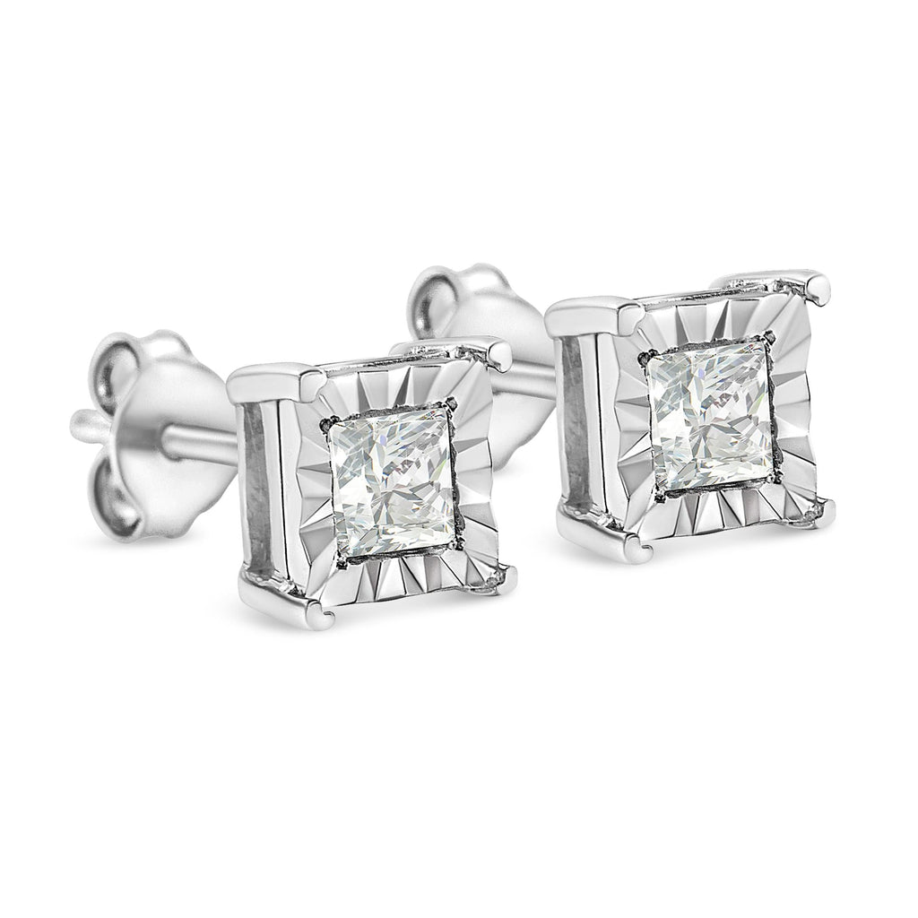 .925 Sterling Silver Miracle Set Princess-Cut Diamond Solitaire Stud Earrings (I-J Color, SI1-SI2 Clarity) - Friggin Jewelry